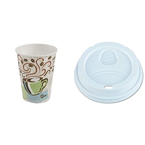 Dixie 5338CD PerfecTouch 8oz Hot Paper Cups with Coffee Dreams Design - Case of 1000 | GP PRO 16oz White Dome Hot Coffee Cup Lids (D9542) - 1000 Count | Perfect for Coffee Shops, Offices & Catering Events