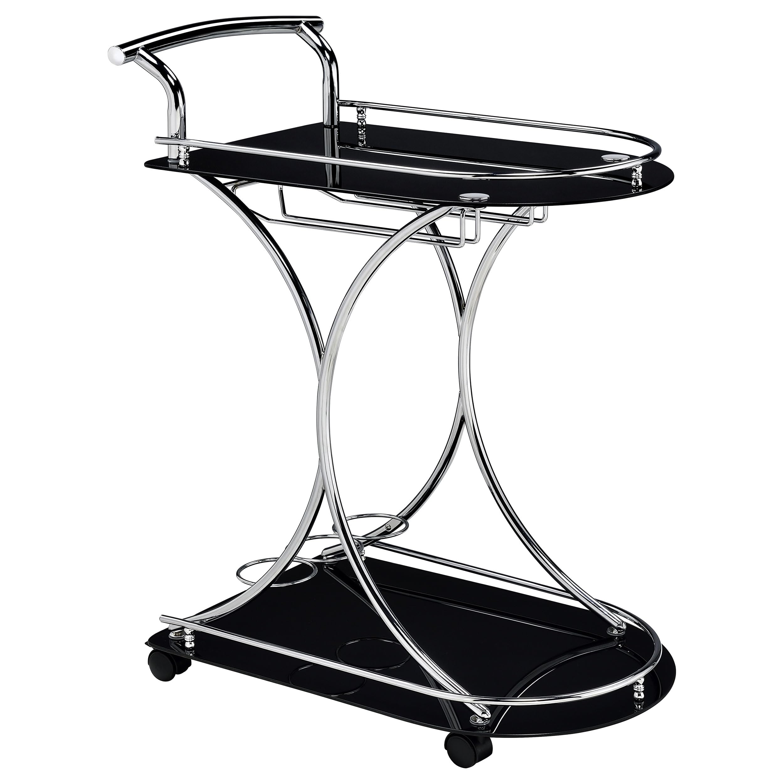 Coaster Home Furnishings Elfman 2-Tier Glass Shelf Metal Bar Cart - Black & Chrome (910001) | Mobile Serving Cart for Living Room, Kitchen, or Outdoor Entertaining