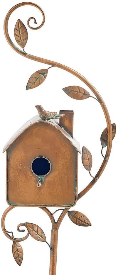 OUHOE Distressed Metal Bird House with Pole - Copper Cottage Birdhouse for Outdoor Garden Decor, Hummingbird House & Bird Resting Place | Perfect for Backyard, Patio, and Garden Decoration