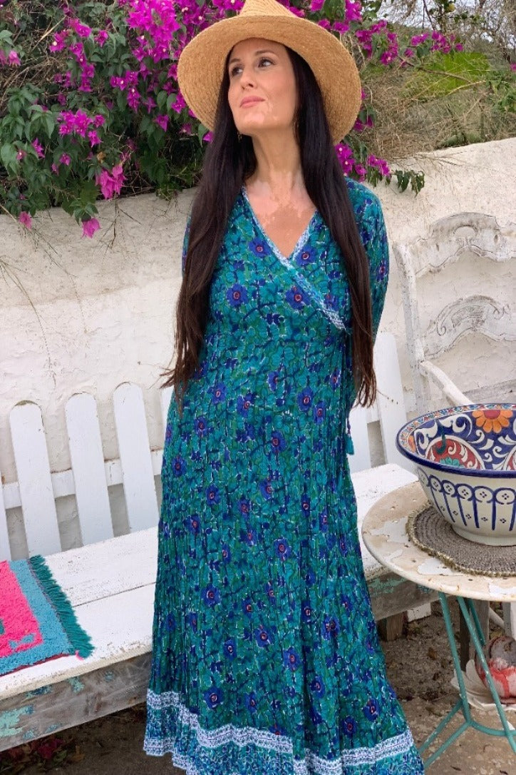 Elegant Wrap Dress in Amber Peakok Blue - Flattering Women's Midi Dress for Casual & Office Wear