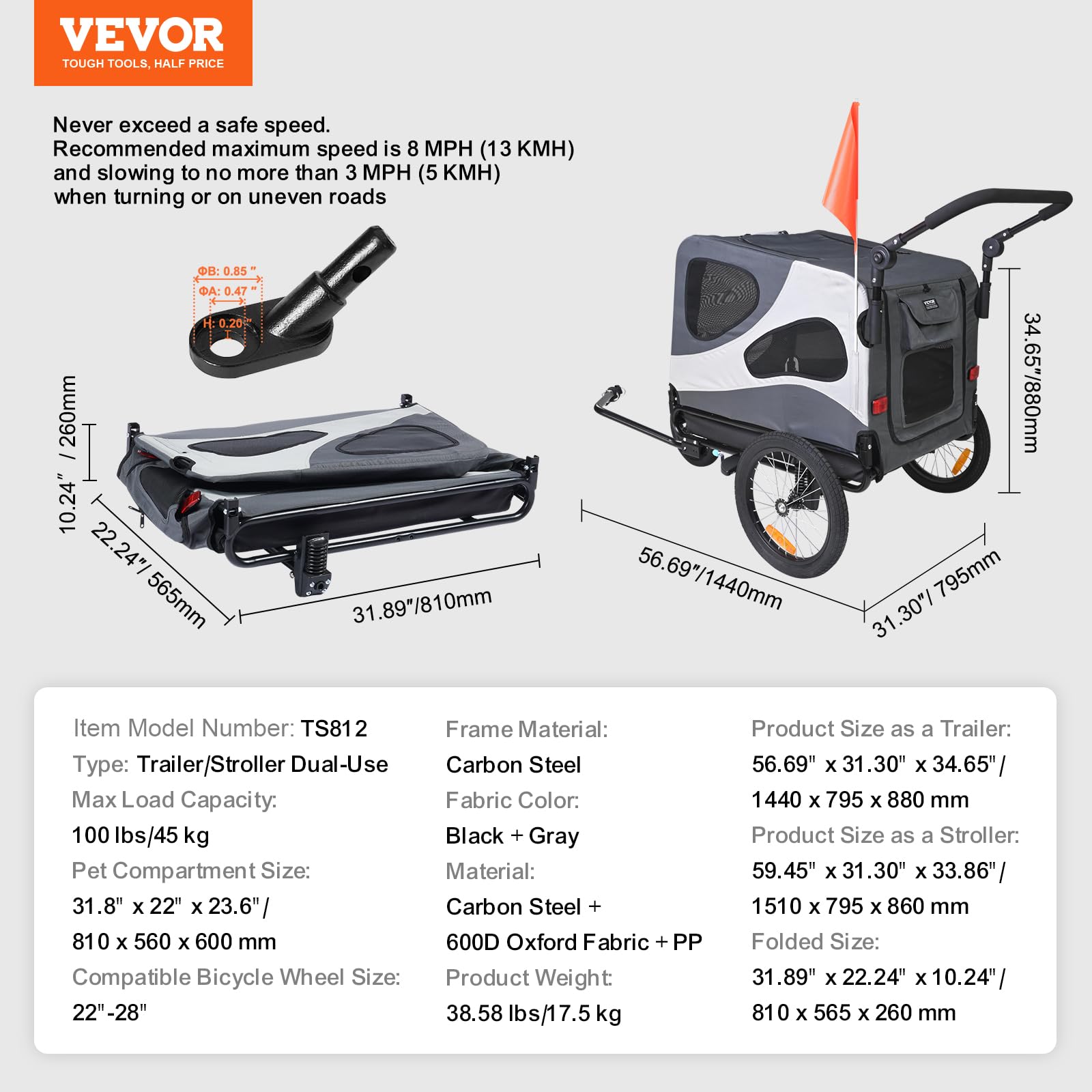 VEVOR 2-in-1 Dog Bike Trailer & Pet Stroller - 100 lbs Capacity, Foldable Bicycle Carrier with Quick Release Wheels, Universal Coupler & Safety Reflectors - Perfect for Cycling Adventures & Daily Walks (Black/Gray)