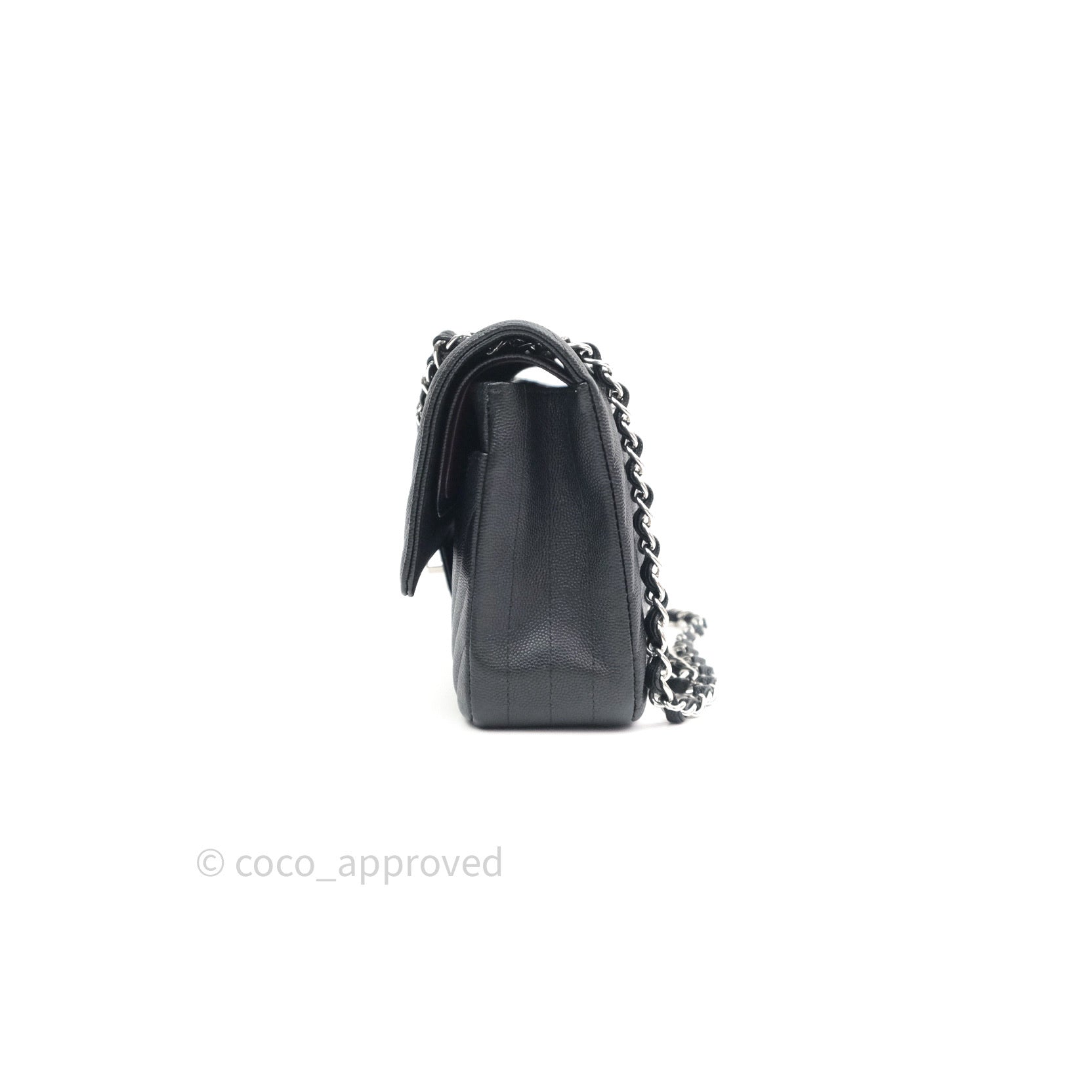 Chanel Classic Flap Bag M/L Size - Black Chevron Caviar Leather with Silver Hardware | Luxury Handbag for Women, Perfect for Parties, Work & Everyday Use