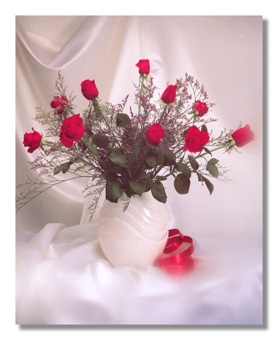 Red Stem Rose Bouquet in White Vase - Framed Wall Art Print with Beveled Mat - Elegant Home Decor for Living Room, Bedroom & Office