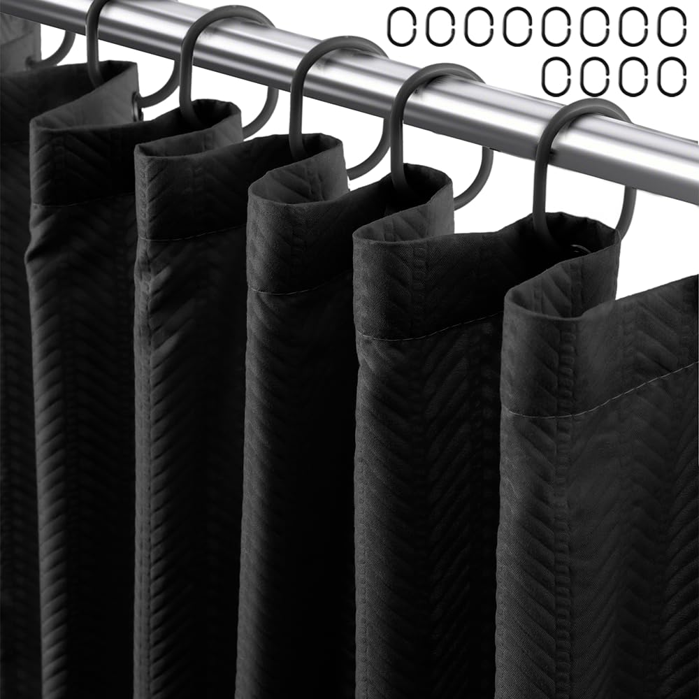 Black Waffle Weave Shower Curtain with Hooks - 72x72 Inch Hotel Quality Bathroom Set - Leaf Pattern Fabric Shower Liner - Perfect for Home, Spa & Luxury Hotel Decor