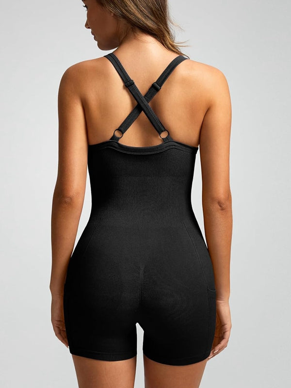 ZASUWA Women's Ribbed Pocket Cross Back Scrunch Bum Seamless Romper Jumpsuit - Perfect for Yoga, Gym, Workout & Lounge Wear