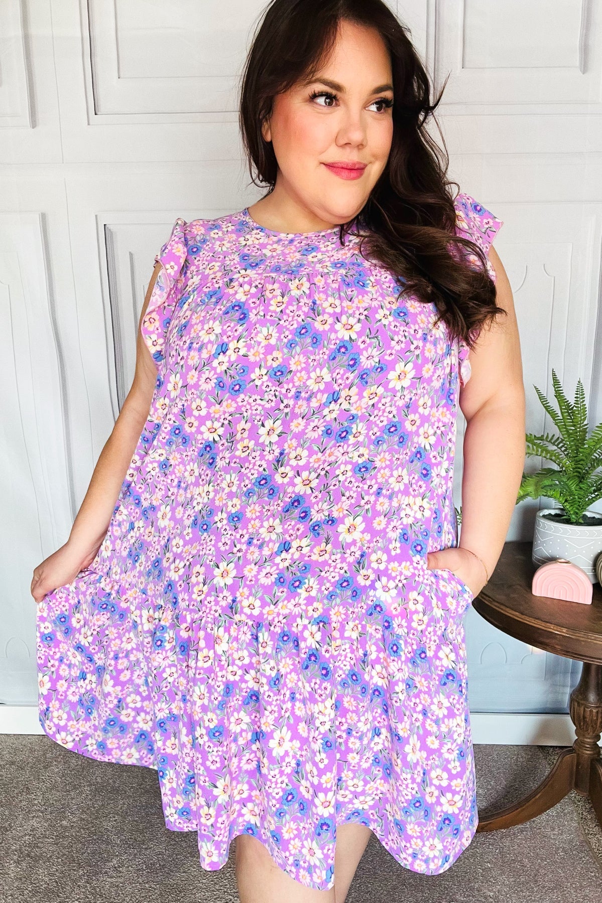 Elegant Lilac Floral Tiered Ruffle Sleeve Woven Dress for Women | Summer Wedding Guest Outfit | Garden Party & Date Night Dress