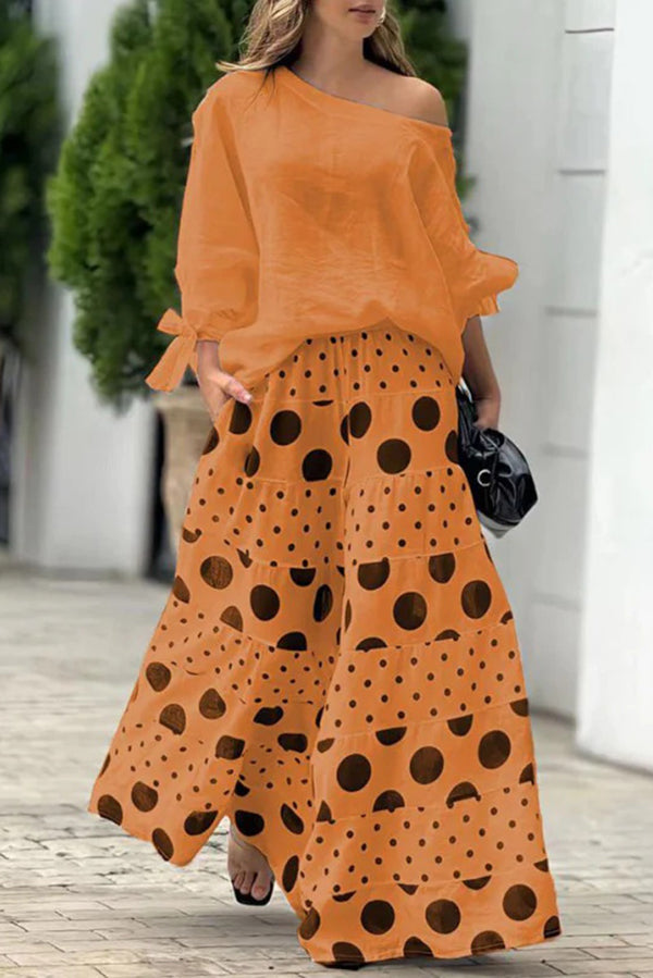 Stylish Tie Cuff Loose Top & Polka Dot Print Pocket Wide Leg Pants Set - Women's Casual Outfit for Work, Date Night & Summer Fashion