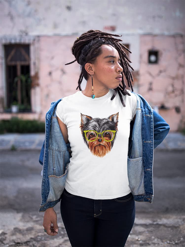 Smartprints Yorkshire Terrier Green Glasses T-Shirt for Women - Cute Dog Lover Graphic Tee for Casual Wear, Pet Owner Gifts, and Everyday Outfits