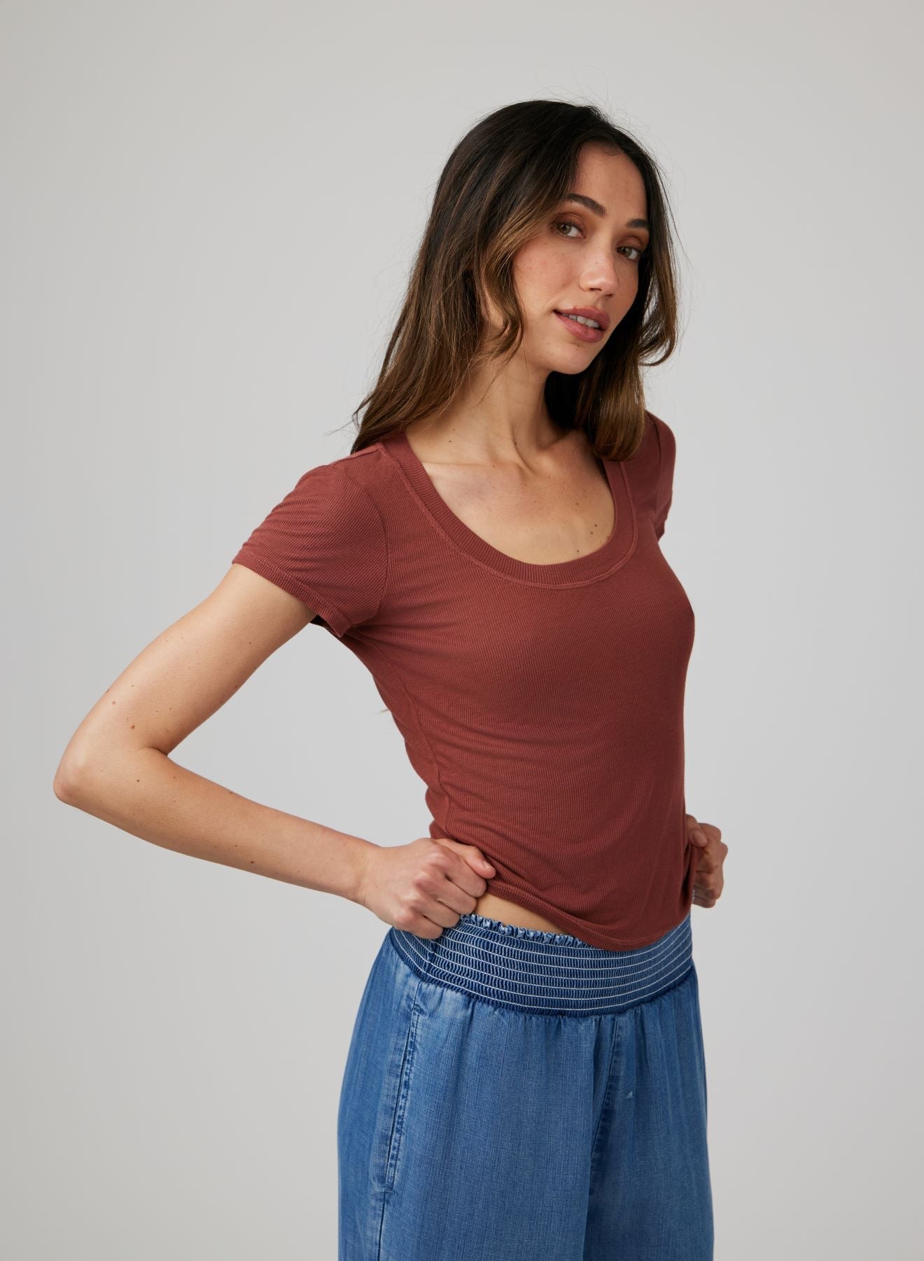 Wide Scoop Neck Tee in Beachwood - Soft Casual Women's T-Shirt for Everyday Wear & Summer Outfits