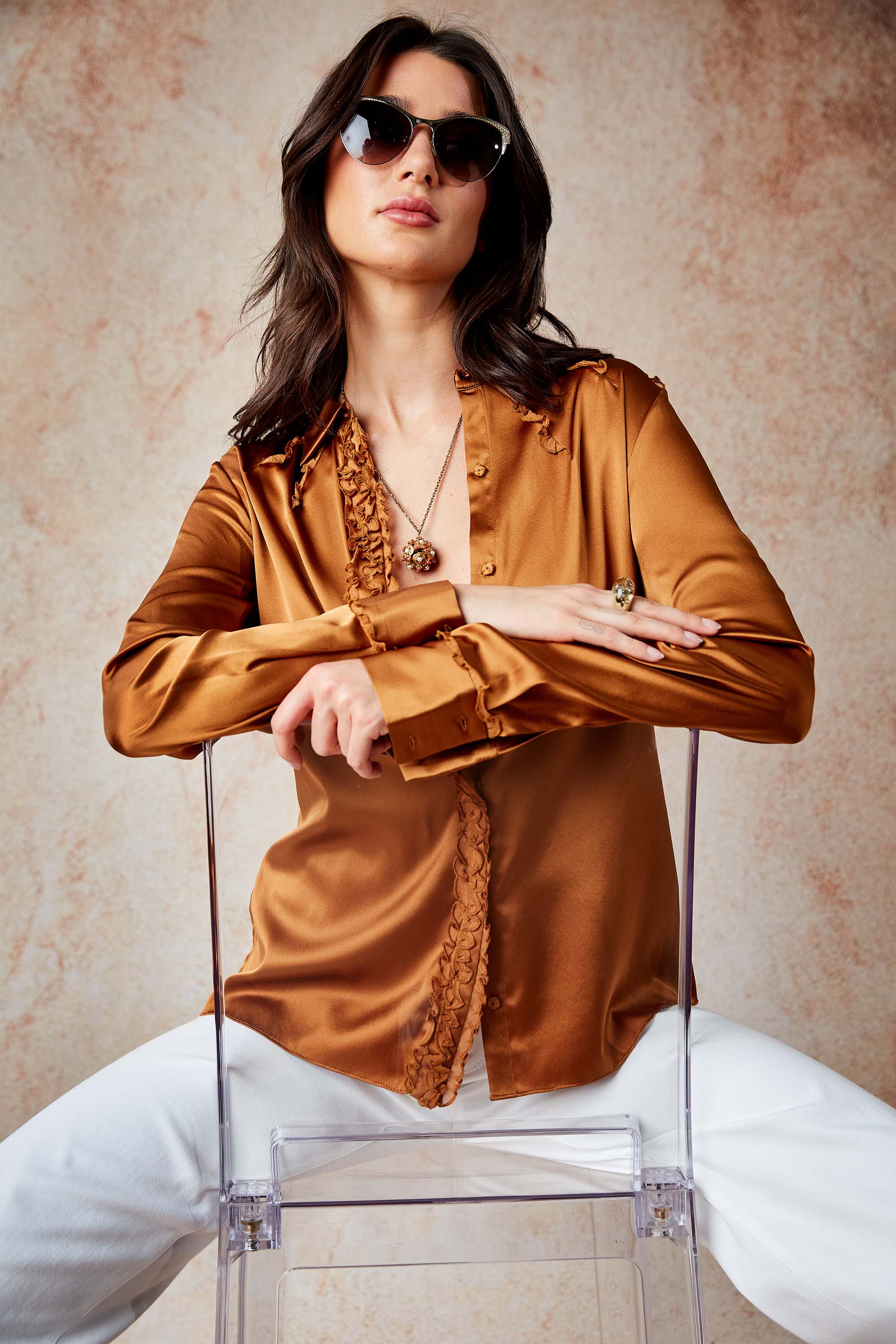 Elegant Chiffon Ruffle Silk Satin Blouse for Women - Office Wear & Evening Party Outfit