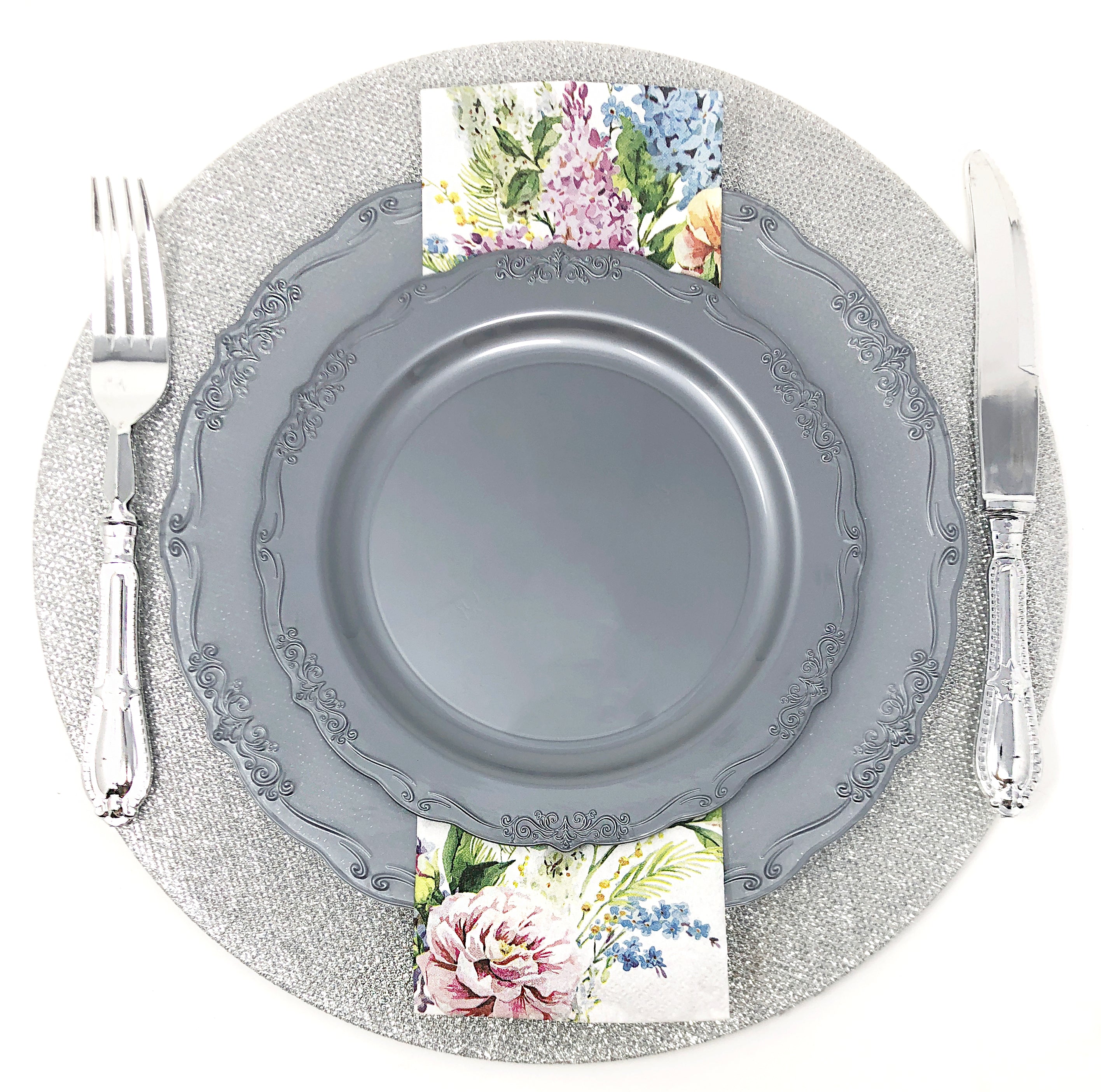 60-Piece Silver Round Plastic Dinnerware Set - Elegant Vintage Style for Parties, Picnics & Outdoor Dining - Durable Disposable Plates, Bowls & Cutlery