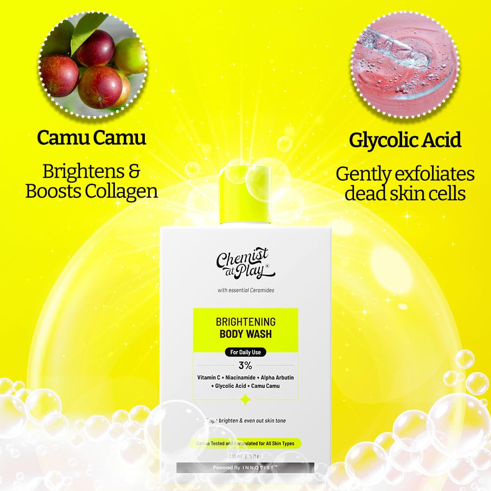 Brightening Body Wash with Vitamin C & Alpha Arbutin - Glowing Skin Bodywash for Women & Men - Reduces Dark Spots & Evens Skin Tone - 30X Vitamin C & Camu Camu Extract - 8oz/236ml - Perfect for Daily Shower & Post-Workout Skincare Routine
