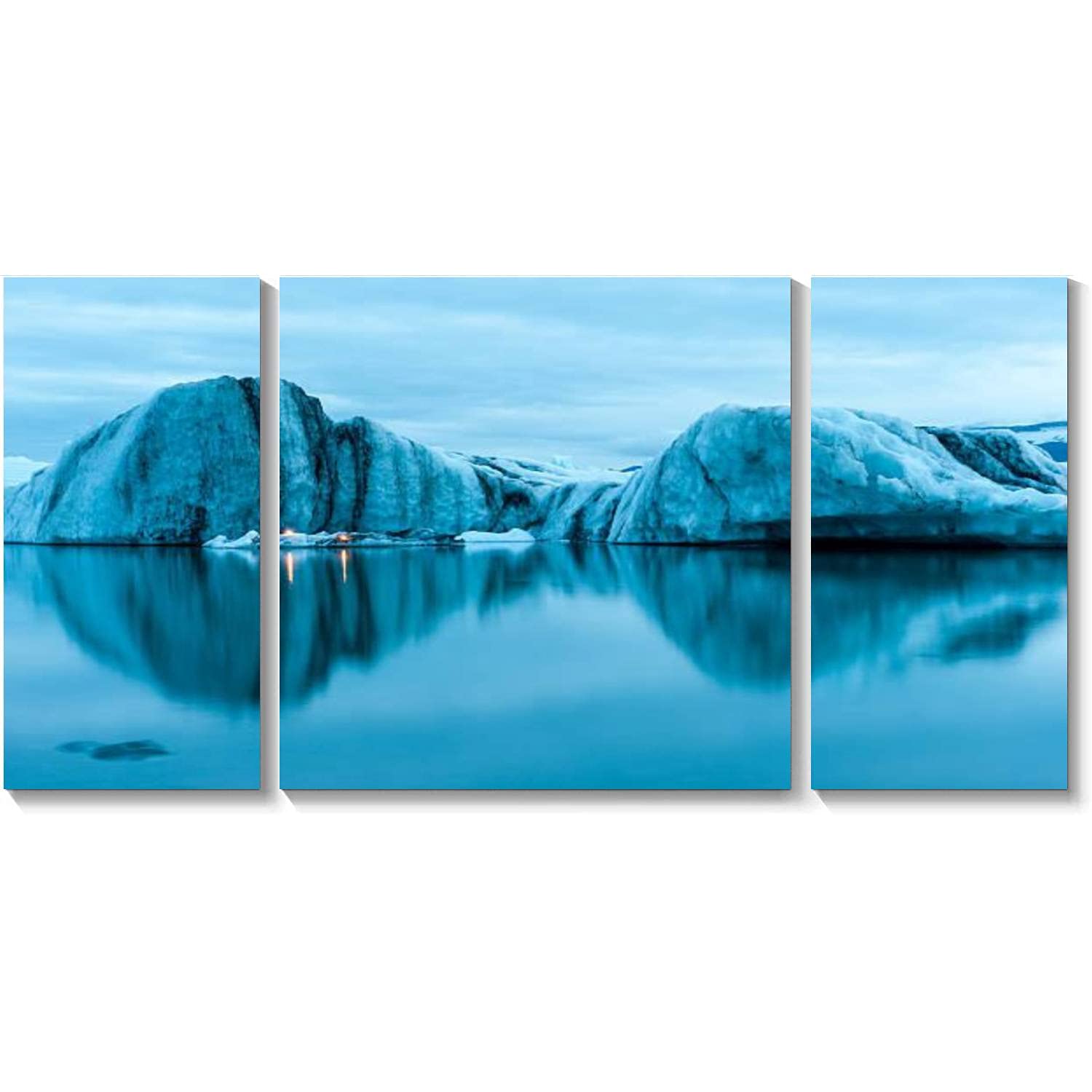 3 Panel Canvas Wall Art - Icebergs with Candles at Jokulsarlon Ice Lagoon & Firework Show Framed Print Painting for Living Room & Bedroom Decor | Ready to Hang | Perfect for Coastal, Modern & Scandinavian Home Decor