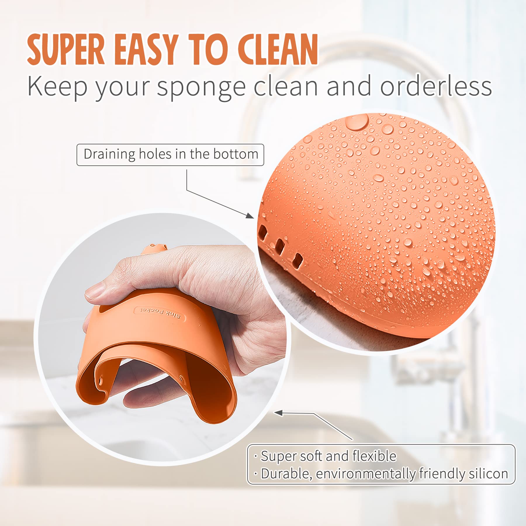 Sophie & Panda 2-Pack Silicone Sponge Holder for Kitchen Sink - No Installation Soap Dish & Sink Caddy Organizer Set (Green & Orange) - Perfect for Keeping Kitchen Sink Clean and Organized