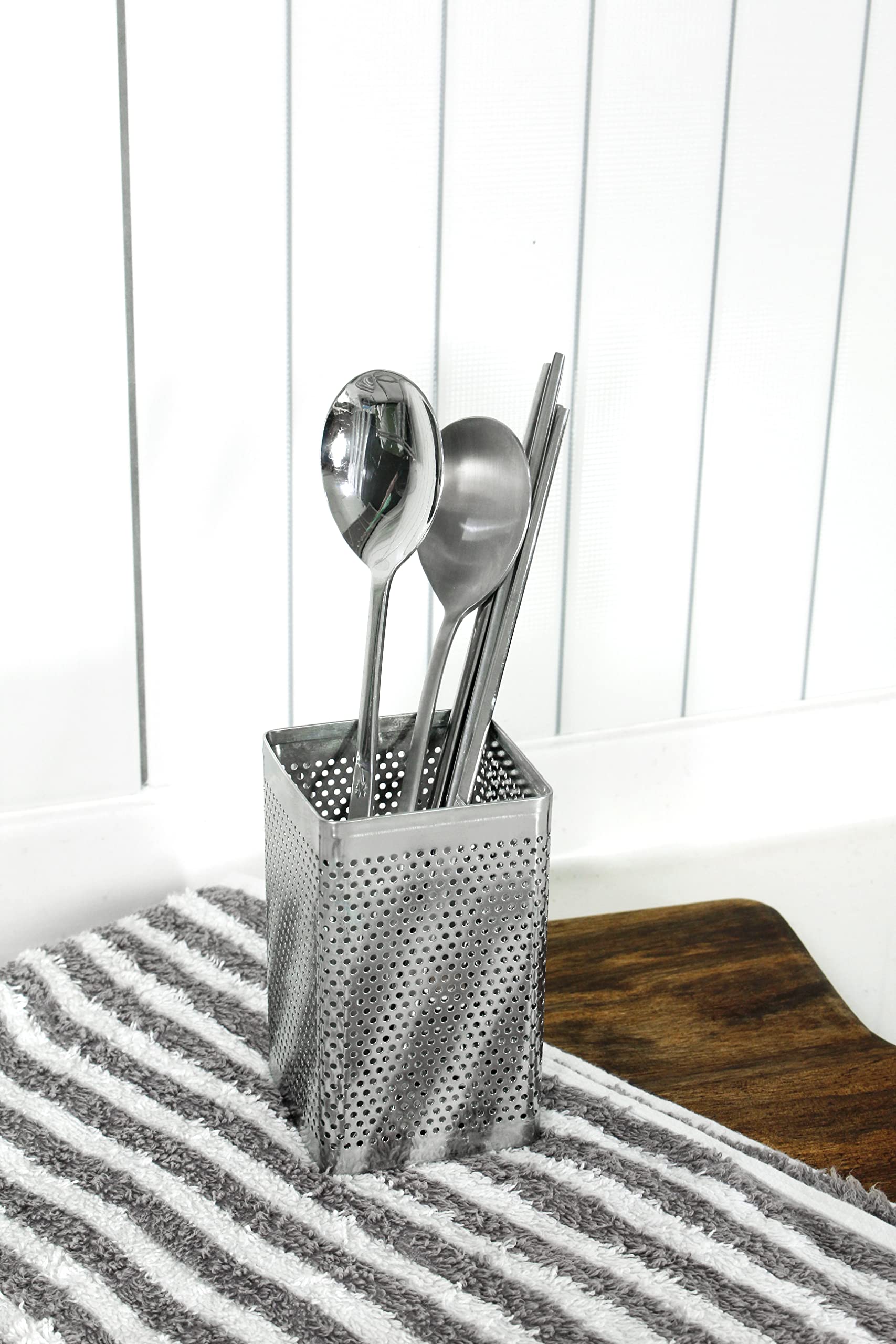 Stainless Steel Perforated Chopsticks Holder with Hooks - Kitchen Utensil Organizer, Dishwasher Safe, Small Square - Perfect for Asian Cooking & Kitchen Storage