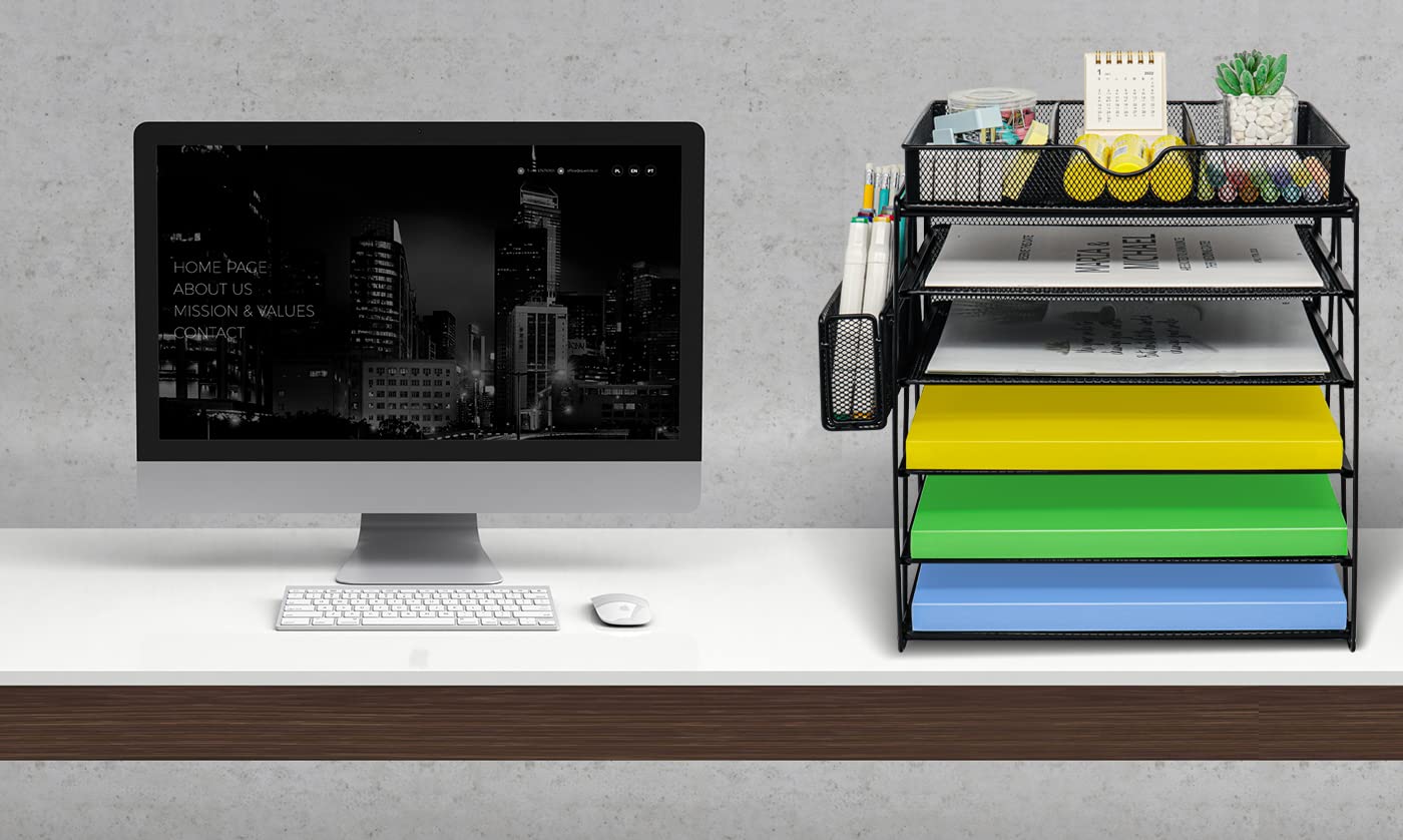 GALASALA 5-Tier Mesh Desk Organizer with Pen Holder & Drawer - Black Office Paper Letter Tray for File Organization | Perfect for School, Home & Office Workspace Accessories