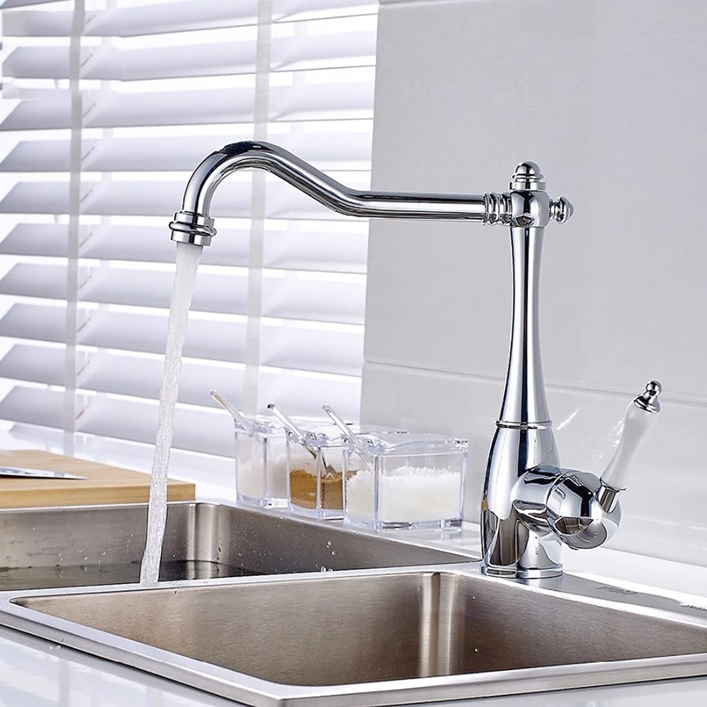 HTSSM Solid Brass Kitchen Faucet Mixer - Single Hole 360° Rotating Chrome Sink Faucet with Pull Down Sprayer for Modern Kitchen Renovation | Perfect for Washing Dishes, Filling Pots & Cleaning Vegetables