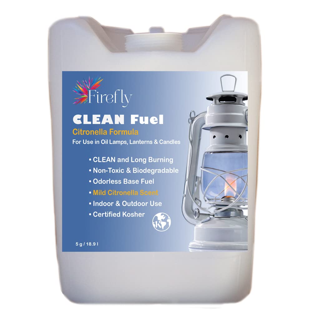 Firefly Kosher Citronella Clean Fuel Lamp Oil - Smokeless, Odorless, Non-Toxic, Long-Lasting Burn - 5 Gallons for Indoor & Outdoor Lamps - Made in USA - Perfect for Camping, Patio, Emergency Lighting