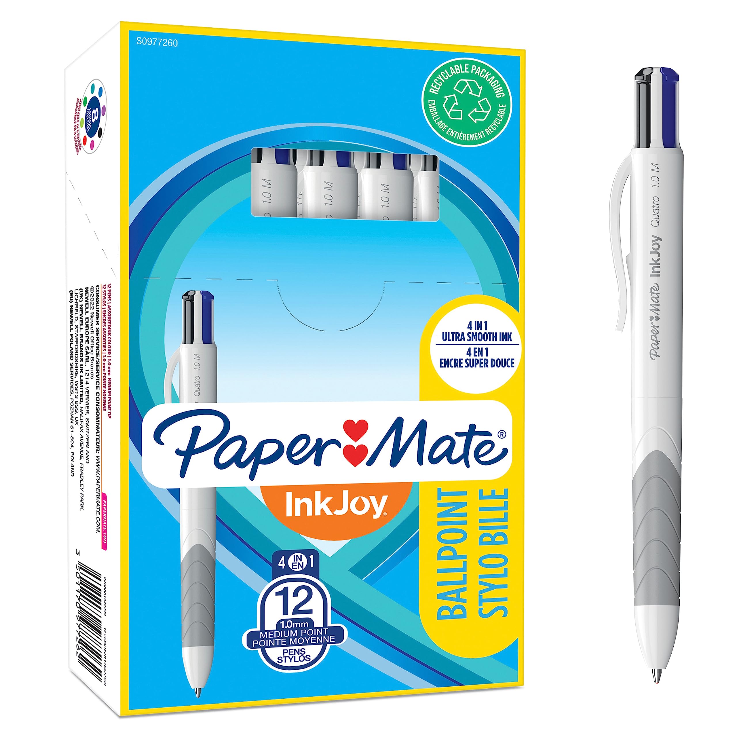 Paper Mate InkJoy Quatro Retractable Ballpoint Pens - Medium Point (1.0mm) - 12 Pack Business Color Pens - Smooth Writing for Office, School & Note Taking