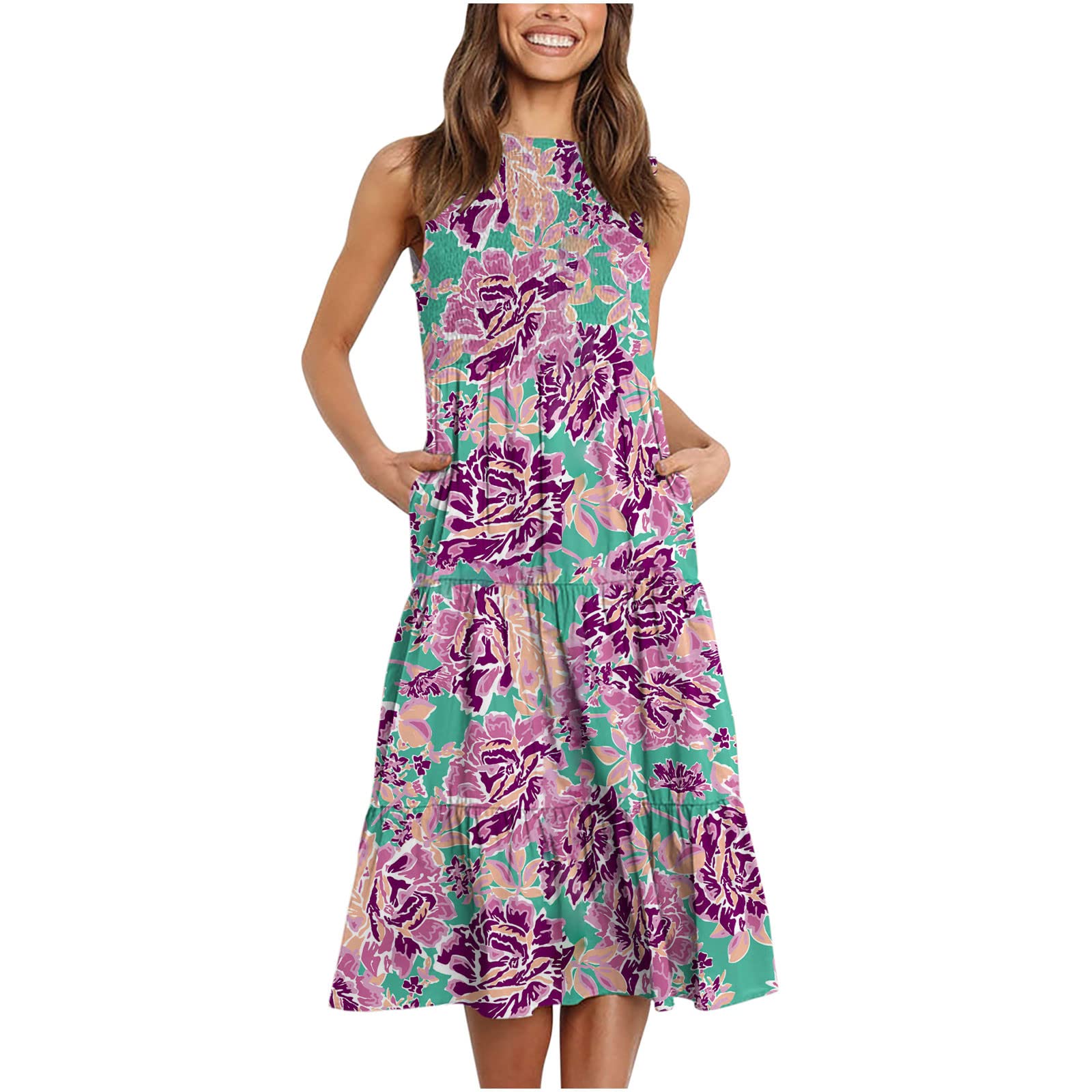 Women's Summer Sundresses - Sleeveless Sexy Round Neck Ruffle Midi Dress with High Waist | Casual Loose Flowy Dress for Beach, Vacation & Outdoor Parties