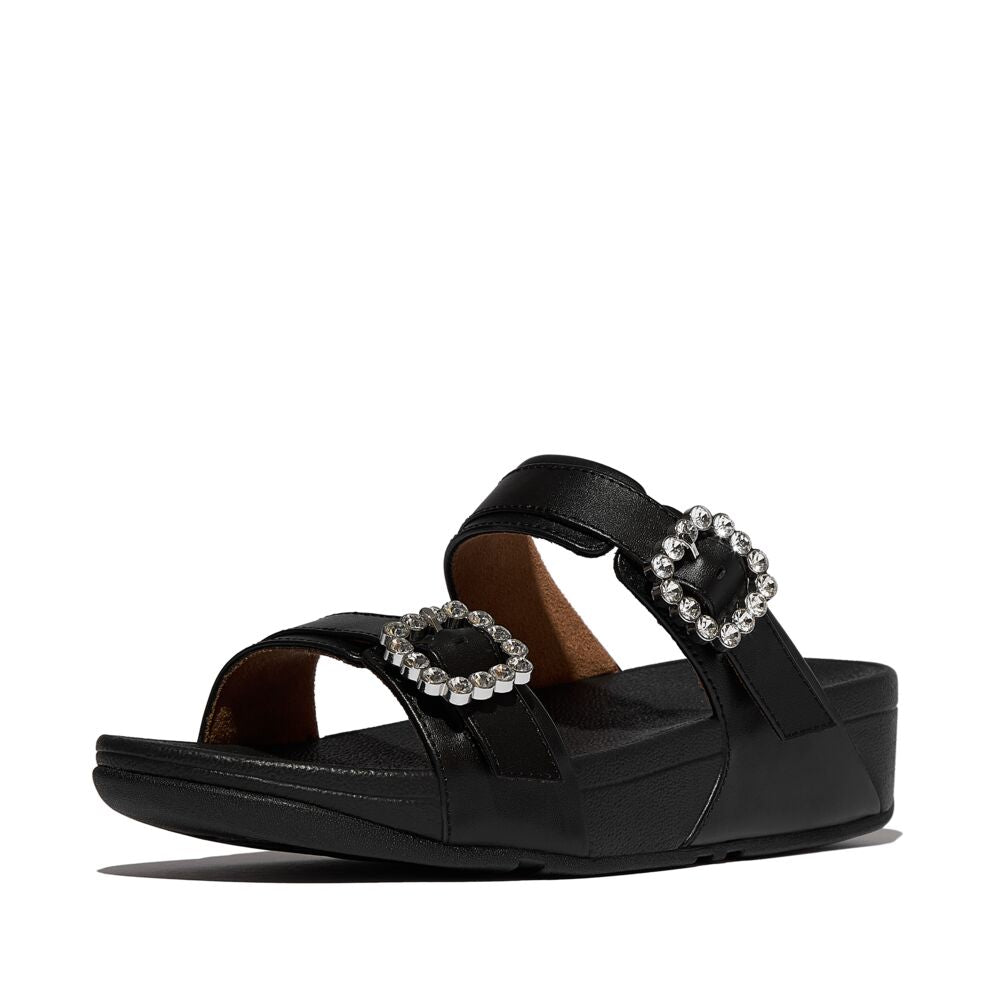 FitFlop Lulu Crystal Buckle Leather Slide Sandals for Women - All Black Comfortable Summer Shoes for Beach, Pool & Casual Wear