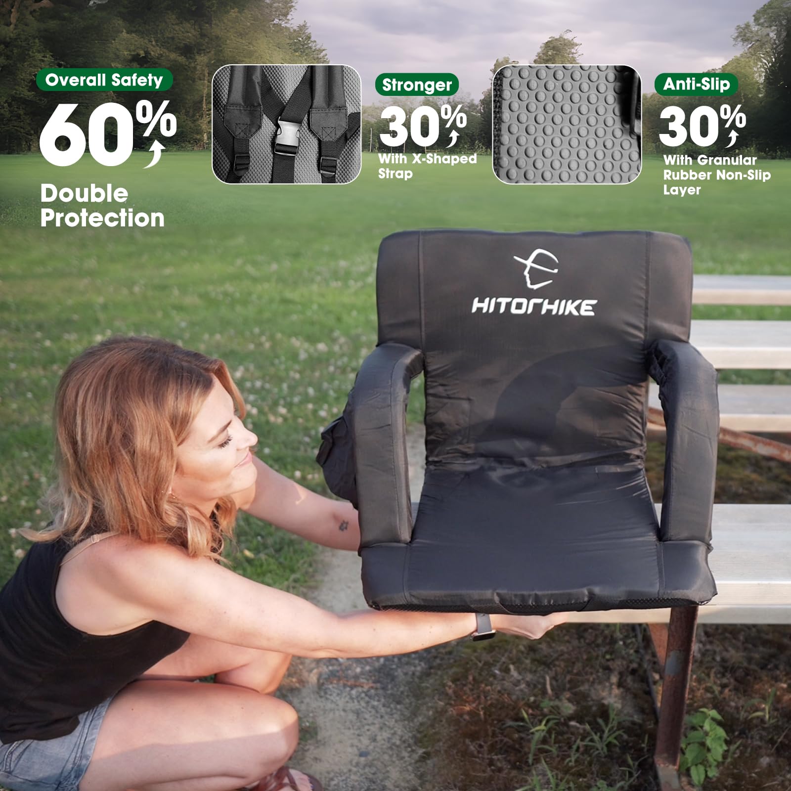 HITORHIKE Stadium Seat 2-Pack - Portable Reclining Bleacher Chairs with Padded Cushion, Back & Armrest Support - Perfect for Football Games, Concerts, and Outdoor Events