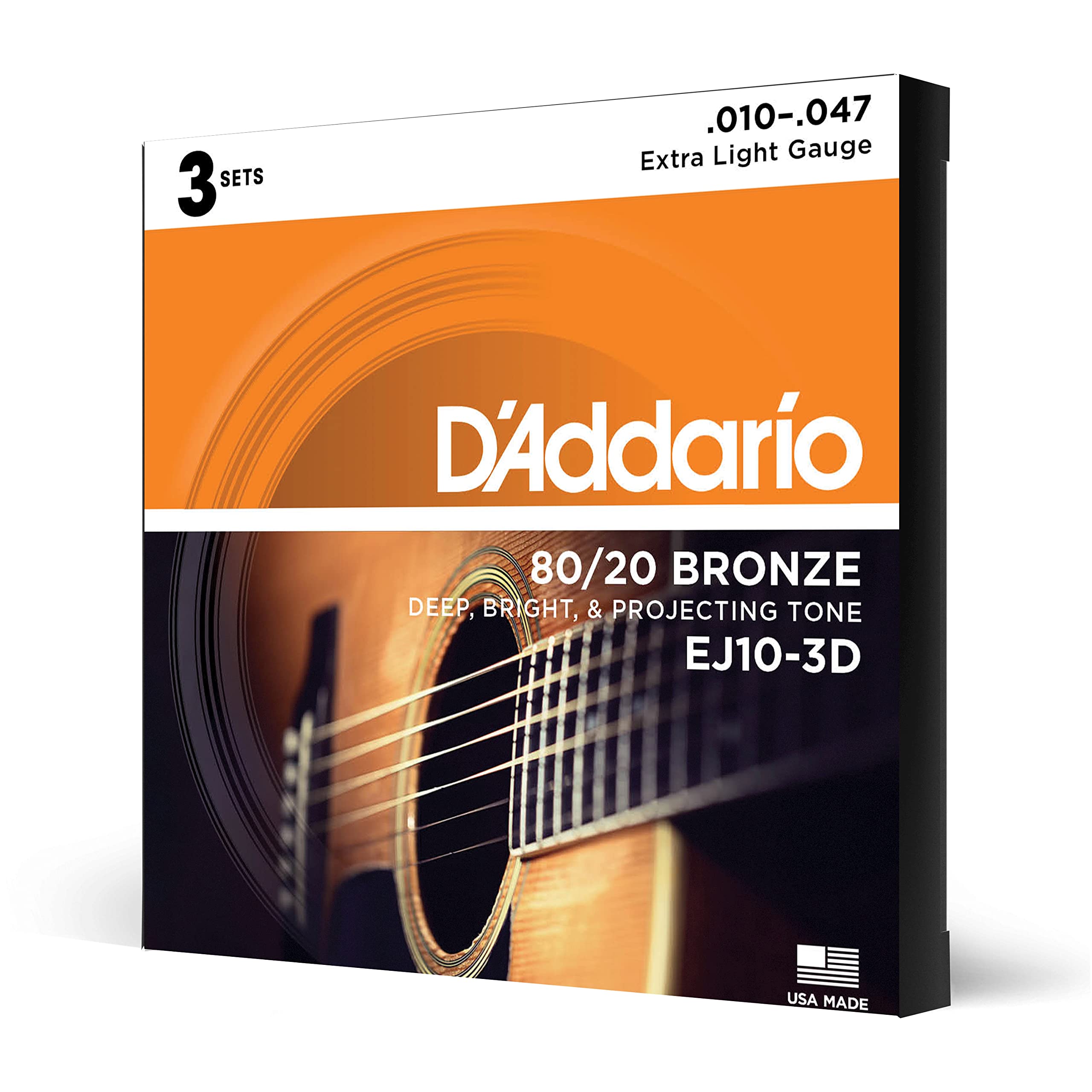 D'Addario EJ10-3D Acoustic Guitar Strings 80/20 Bronze 6-String Set - Extra Light 10-47 Gauge - Bright, Projecting Tone - 3-Pack - Perfect for Live Performances & Studio Recording