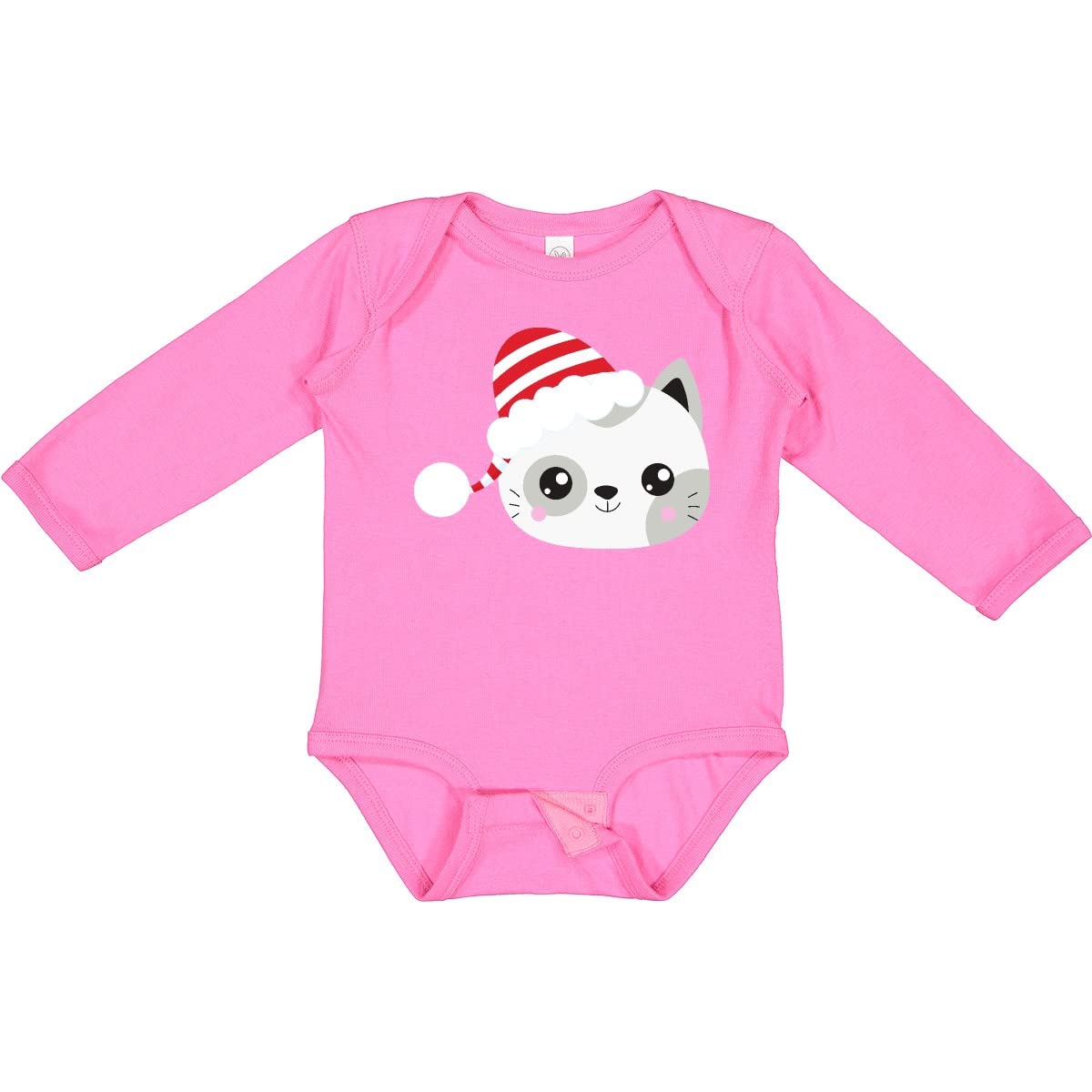 Inktastic Christmas Cat Onesie - Cute Cat with Santa Hat Long Sleeve Romper for Women | Holiday Pajamas, Christmas Party Outfit, Cozy Winter Loungewear
