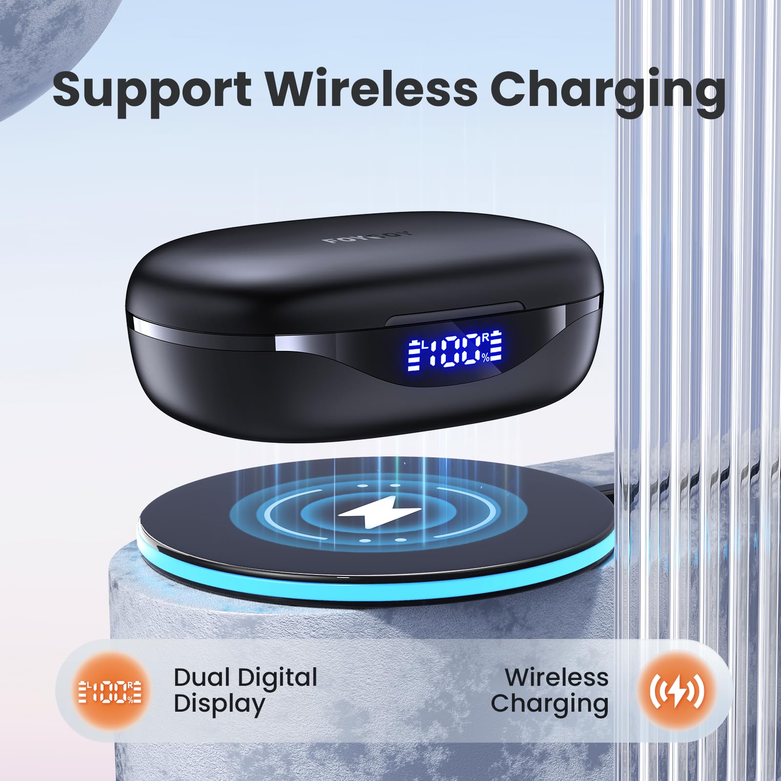Wireless Bluetooth Earbuds with 90Hrs Playtime, IPX7 Waterproof, Wireless Charging Case & LED Power Display - Stereo Bass Sports Earphones with Over-Ear Earhooks (Black) - Perfect for Running, Gym Workouts & Outdoor Activities