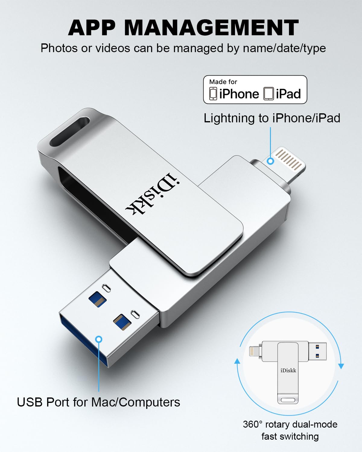 iDiskk MFi Certified 931GB Photo Stick - USB 3.0 Flash Drive with Lightning Connector for iPhone iPad - External Memory Storage for Photos, Videos & Files - Compatible with iOS, Mac & PC - Perfect for Travel, Backup & File Transfer