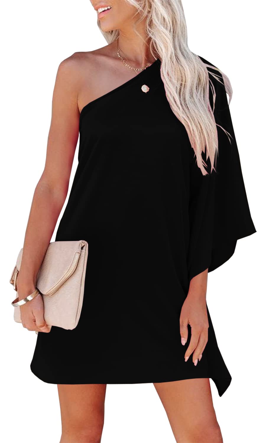 Fisoew Women's One Shoulder Statement Dress - Elegant Loose Fit Casual Mini Dress for Wedding, Party, Cocktail & Special Occasions | Perfect for Date Night, Bridal Shower & Summer Events