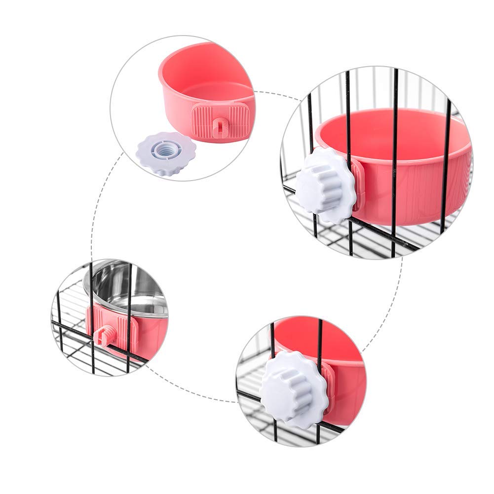 Stainless Steel Hanging Dog Bowl with Removable Hook - Durable Pet Food & Water Dish for Crate, Cage, or Coop - Perfect for Travel, Camping, and Home Use (Pink)