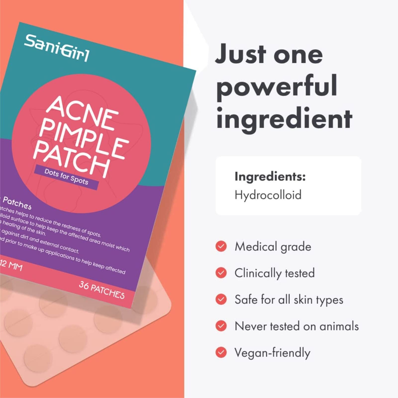 SaniGirl Acne Pimple Patch - 36 Invisible Hydrocolloid Facial Stickers for Pimple Treatment | Covers Blemishes & Speeds Healing | Perfect for Overnight Use, Travel & Daily Skincare Routine