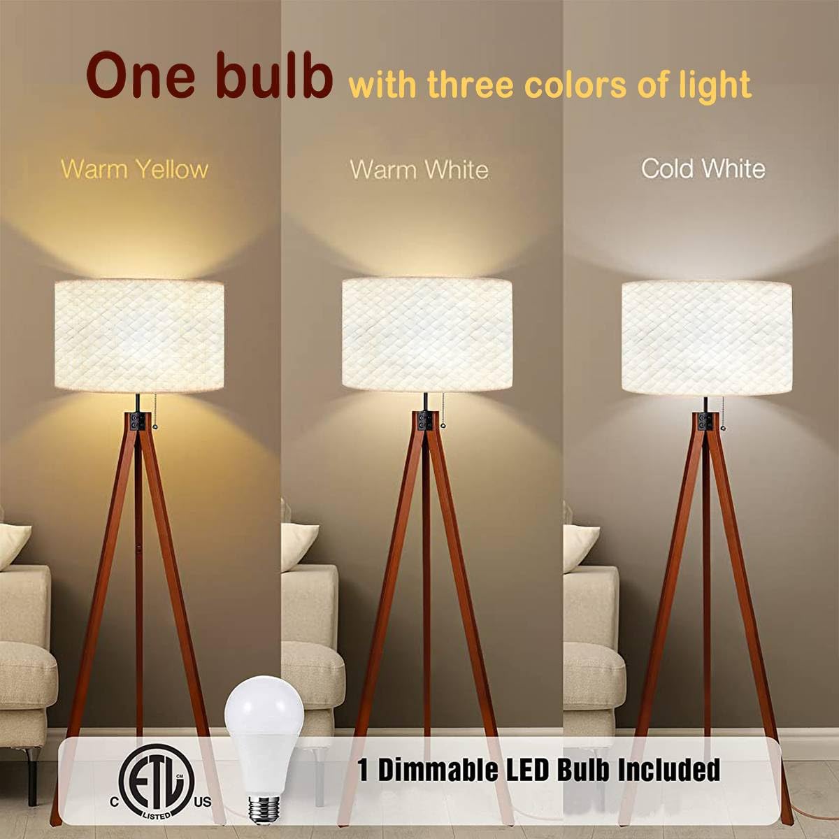 Modern Wood Tripod Floor Lamp with Dimmable Linen Lampshade - Mid Century Standing Lamp for Living Room & Bedroom - Perfect for Cozy Reading Nooks and Ambient Lighting