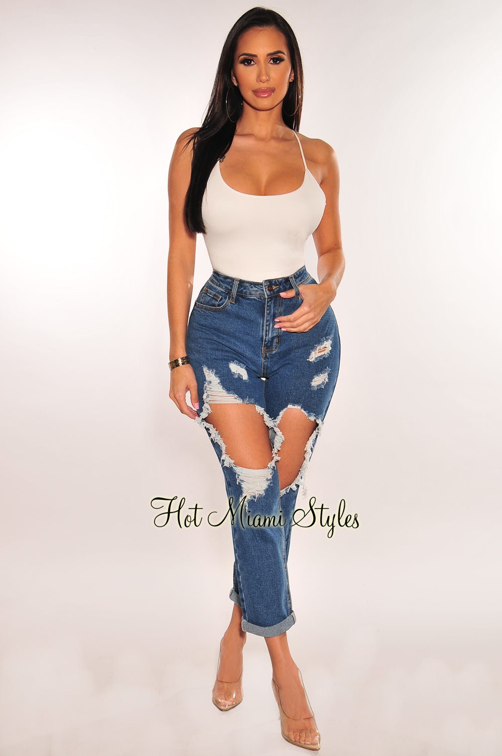 Vintage Blue Ripped High Waist Mom Jeans for Women - Distressed Denim Skinny Jeans - Perfect for Casual Outfits, Street Style & Everyday Wear