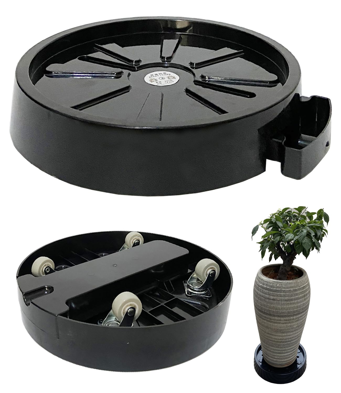 Heavy Duty 12-Inch Plant Caddy with 360° Hidden Wheels - Rolling Planter Stand with 4 Invisible Casters for Indoor/Outdoor Plants (Black, 1-Pack) - Perfect for Moving Large Potted Plants on Hardwood, Tile & Patio Surfaces