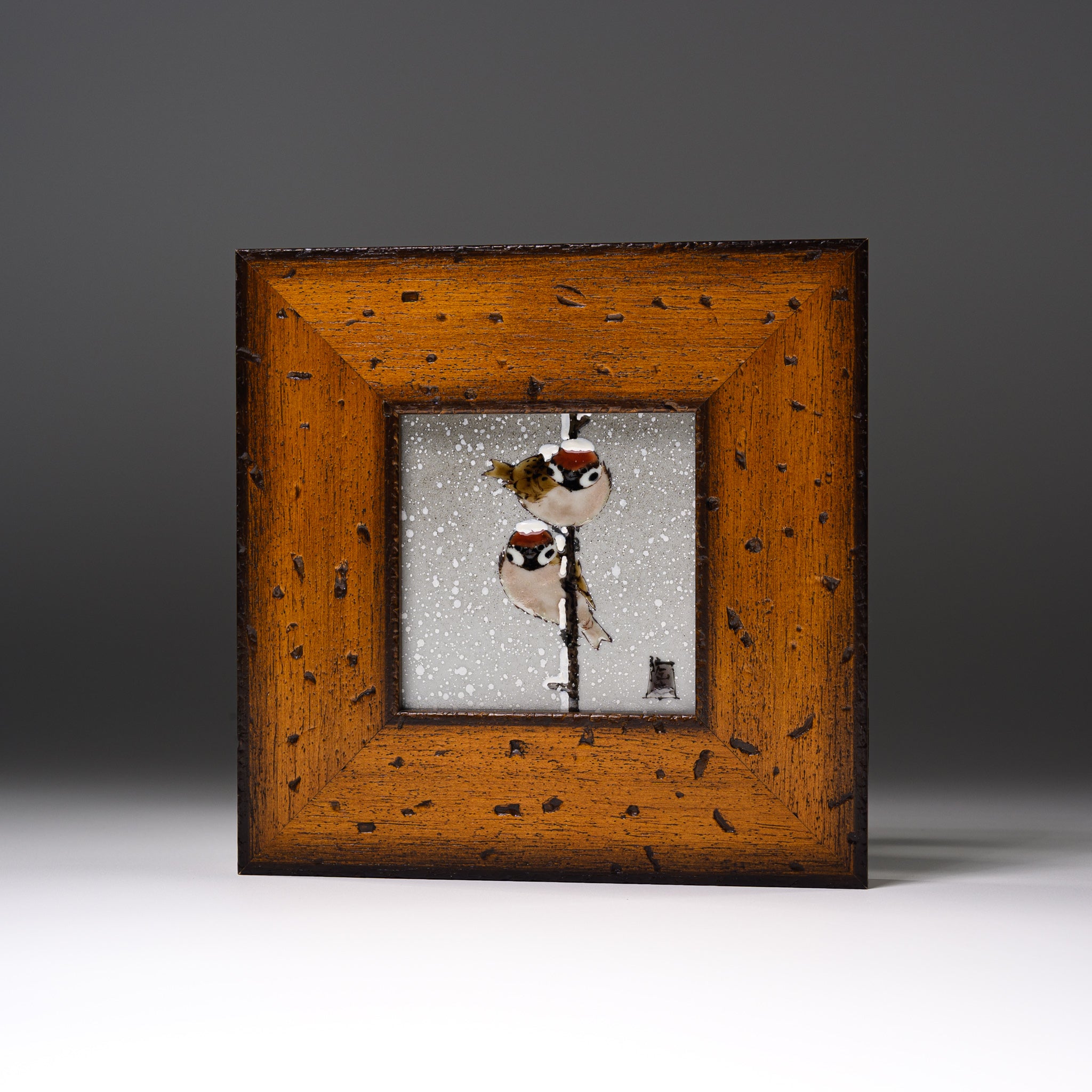 Authentic Kutani Ware Framed Porcelain Artwork by Toshito Nakamura - Snowing Sparrow Japanese Ceramic Wall Decor | Perfect for Home, Office & Gift Giving
