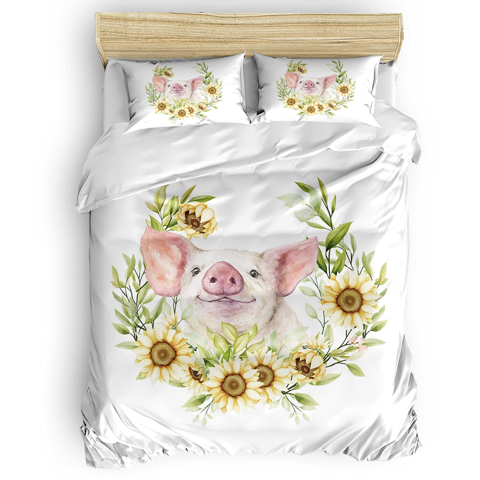 4Pcs Queen Size Duvet Cover Set - Farmhouse Sunflower & Cute Pig Design, Soft Bedding Sheet Set with Zipper Closure | Perfect for Farmhouse Decor, Kids Room & Cozy Bedroom Makeover