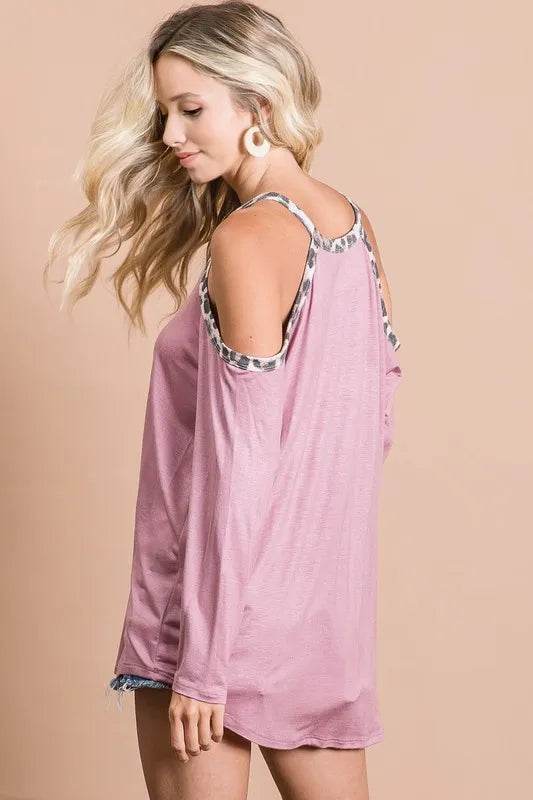 Stylish BiBi Jersey Knit Cold Shoulder Top with Leopard Neck Detail - Perfect for Casual Outings, Date Nights & Summer Fashion