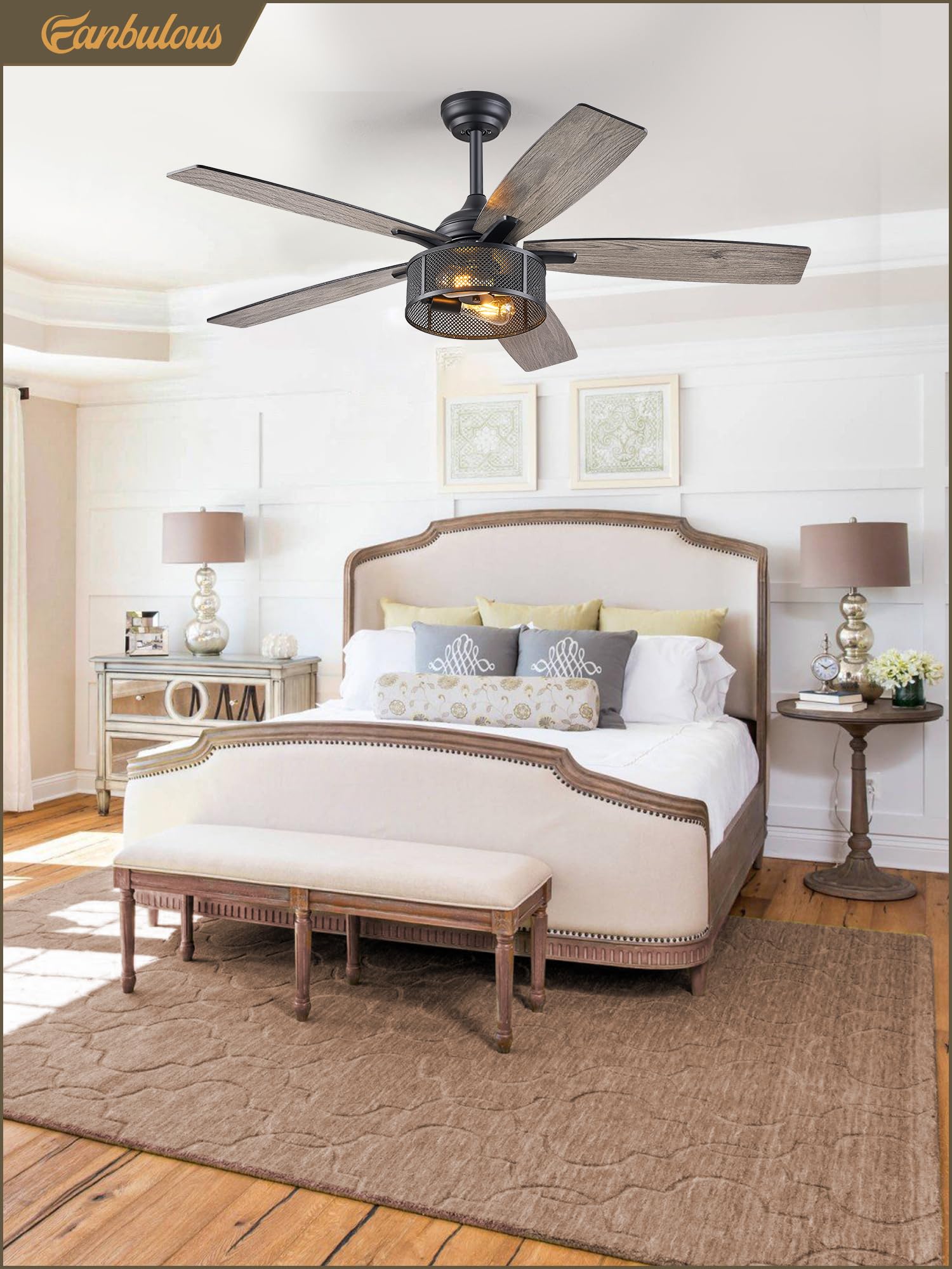 52 Inch Black Industrial Caged Ceiling Fan with Lights & Remote - 6 Speed Reversible Quiet DC Motor, Dual Finish 5 Blades - Farmhouse Style for Bedroom, Living Room & Kitchen - Perfect for Home Cooling and Decoration