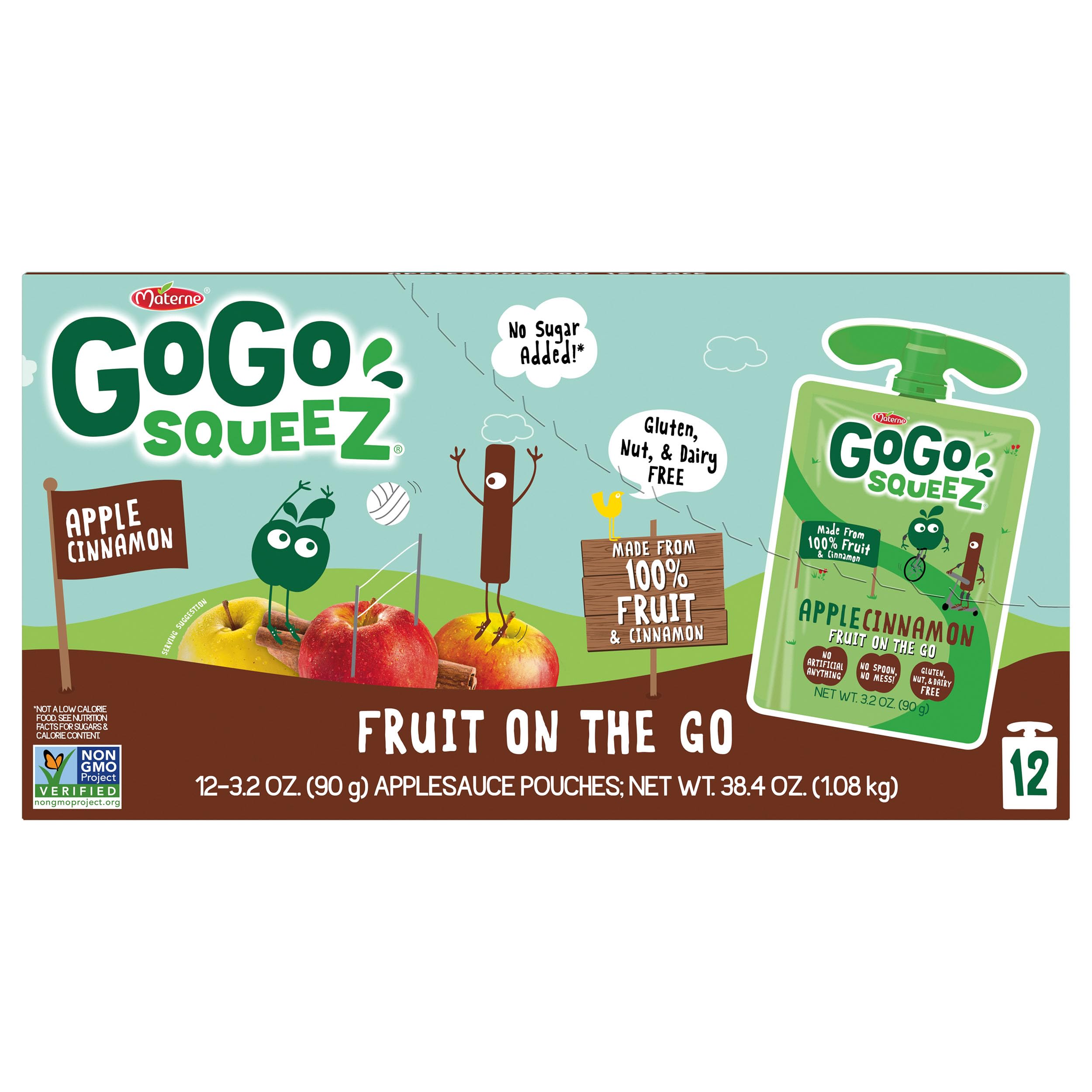 GoGo squeeZ Applesauce and Fruit Puree Pouches - Apple Cinnamon Flavor, 3.2 oz (Pack of 12) | Unsweetened, Gluten Free, Nut Free, Dairy Free Kids Snacks | BPA Free with Recloseable Cap | Perfect for School Lunches, Road Trips and Healthy On-the-Go Snacking