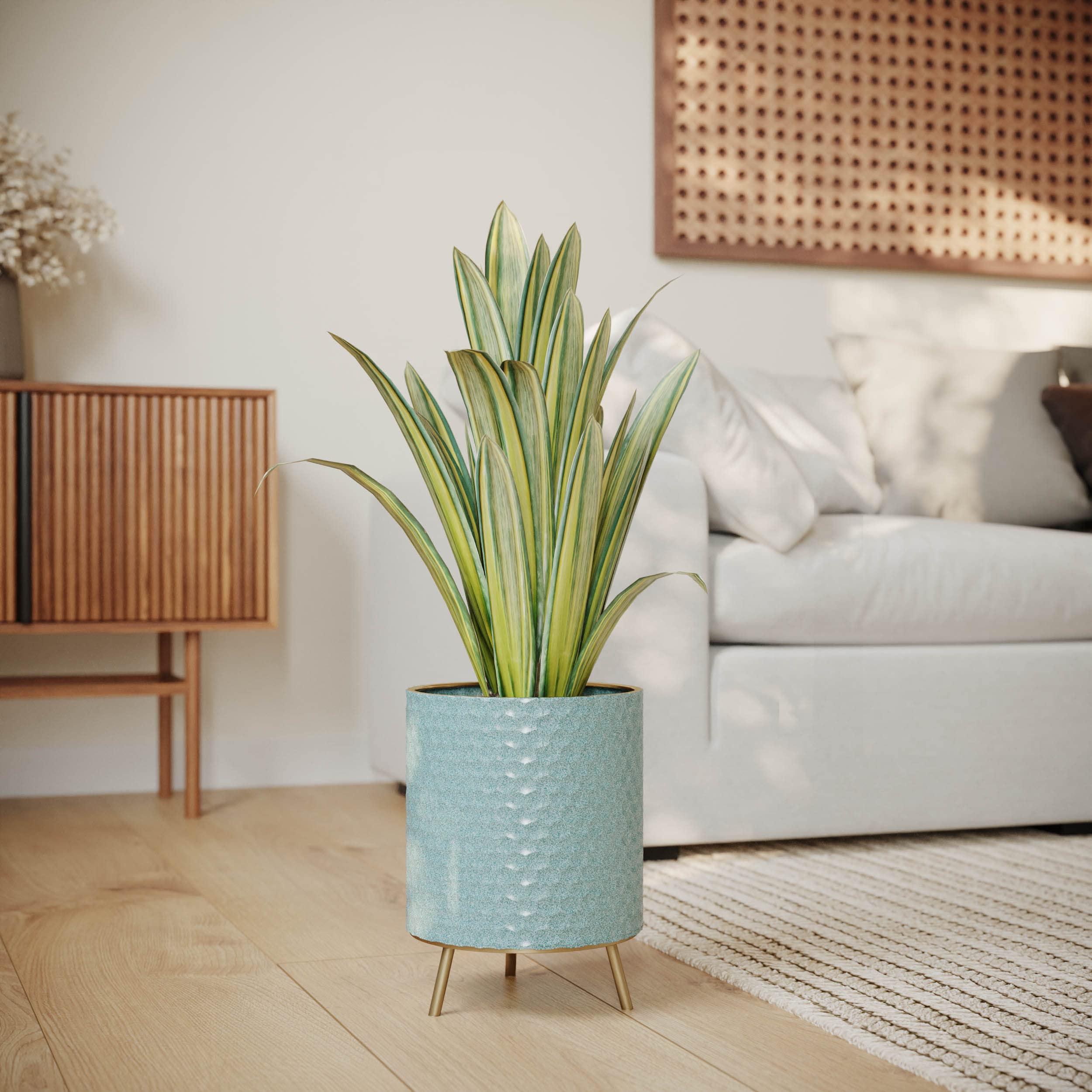 EverNest Mid-Century Modern Rhys Honeycomb Embossed Planter Pot with Nyra Gold Stand - Set of 3 Metal Indoor Plant Pots in Blue Green Bohemian Style for Living Room, Office & Home Decor