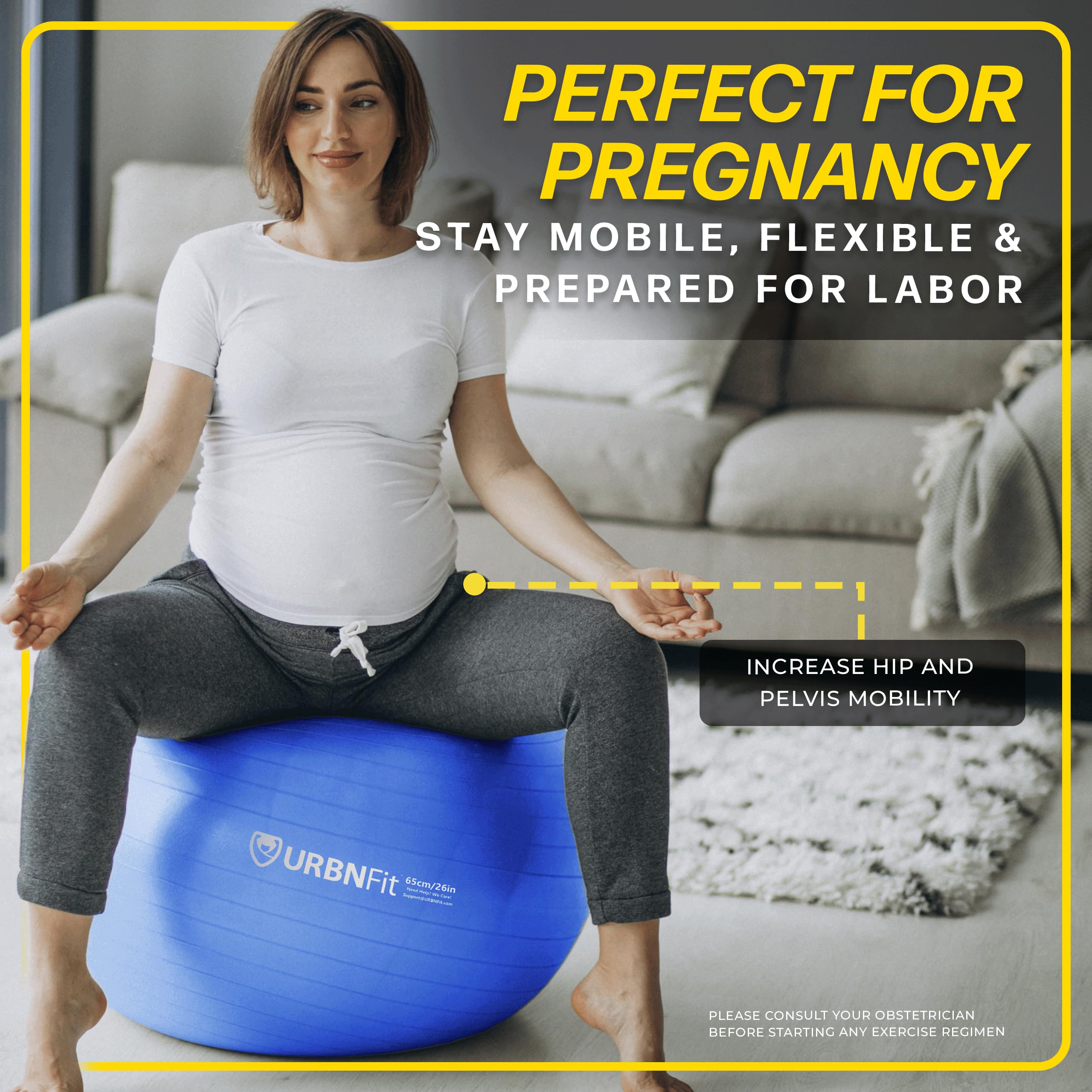 URBNFit Anti-Burst Exercise Ball - Premium Yoga & Stability Ball for Workouts, Pregnancy, Office & Home Gym - Includes Quick Pump - Perfect for Pilates, Core Training & Active Sitting (45cm/55cm/65cm/75cm)