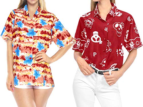 LA LEELA Women's Hawaiian Aloha Shirt 2-Pack - XL Tropical Floral Print Summer Beach Blouse | Lightweight Breathable Fabric for Hot Weather | Work from Home, Vacation, Casual Wear | Perfect for Beach Trips, Tropical Getaways, Luau Parties, Poolside Lounging, Office Casual & Summer Outings | Ideal for Resorts, Cruise Vacations, Backyard BBQs & Weekend Brunch