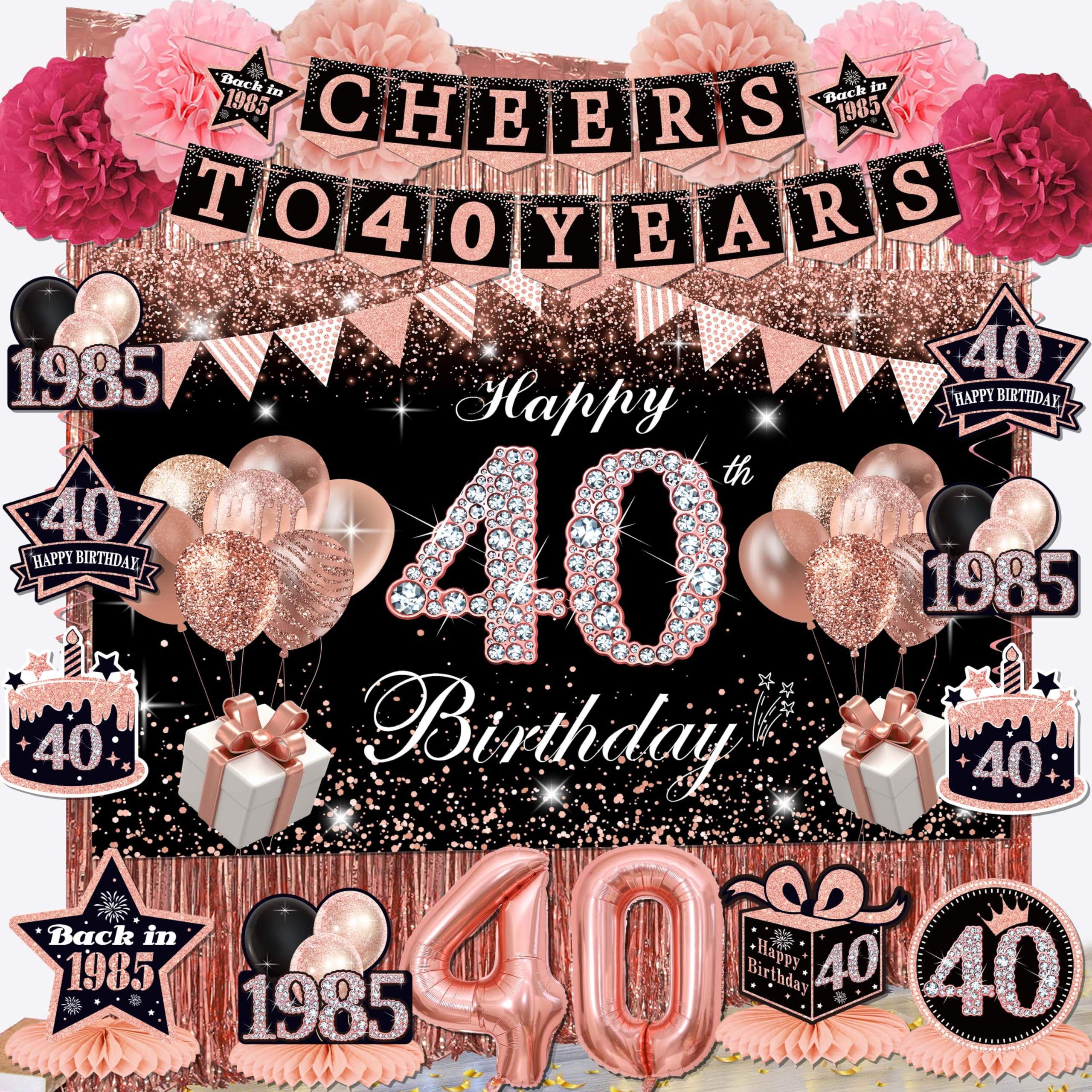 Black Rose Gold Cheers to 40 Years Banner - Happy 40th Birthday Backdrop, 1995 Hanging Swirl, Paper Poms & Honeycomb Centerpiece - 40th Birthday Party Decorations for Women - Perfect for Milestone Celebrations, Photo Booths & Themed Parties