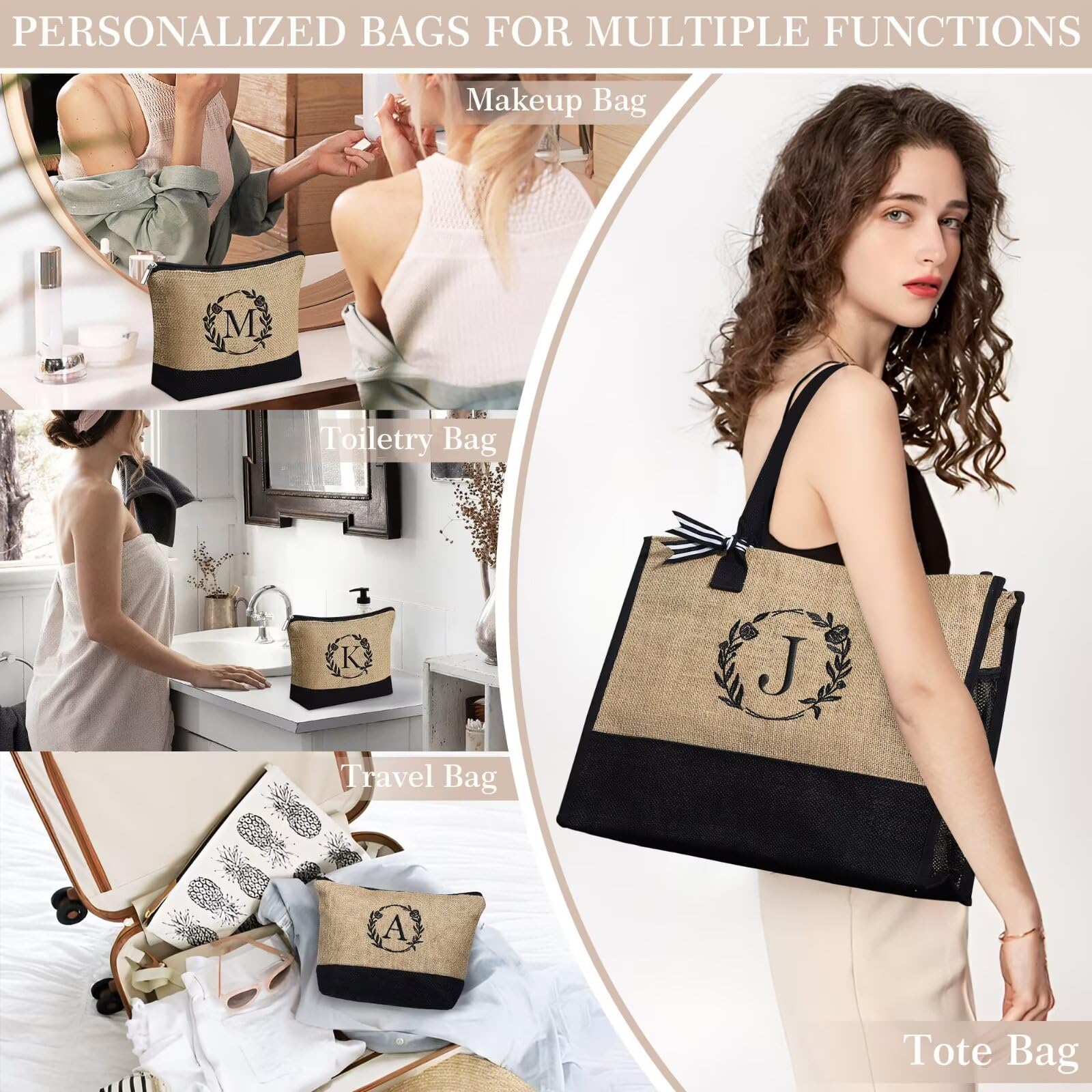 YOOLIFE Personalized Initial Jute Tote Bag & Makeup Bag Set - Best Birthday Gifts for Women, Wife, Mom, Teacher, Friend - Perfect for Shopping, Travel & Daily Use