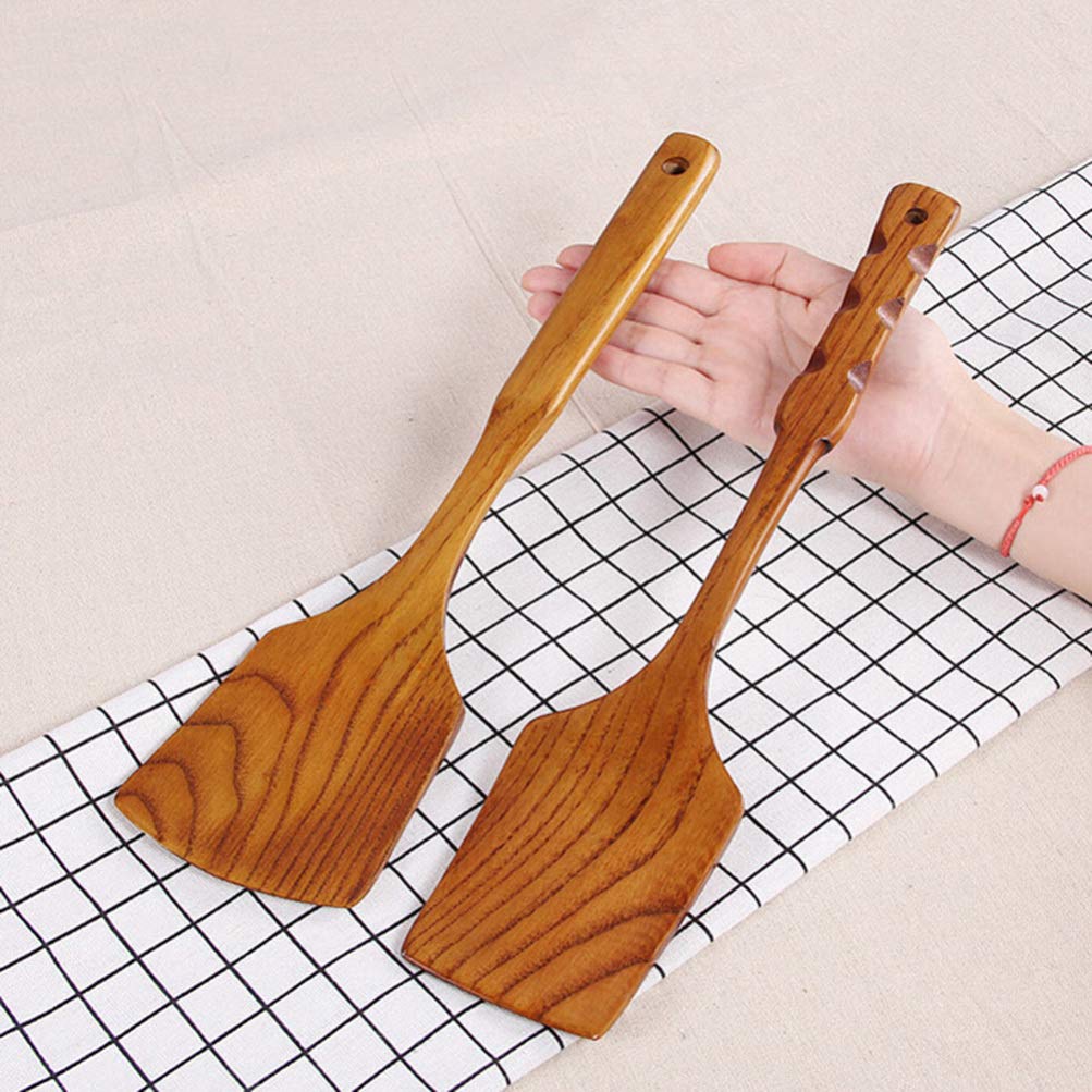 Amosfun Wooden Spatula Set - 3-Piece Bamboo Wok Turner, Non-Stick Cooking Utensil with Long Handle - Perfect for Stir-Fry, Flipping Pancakes & Sauteing in Home Kitchen