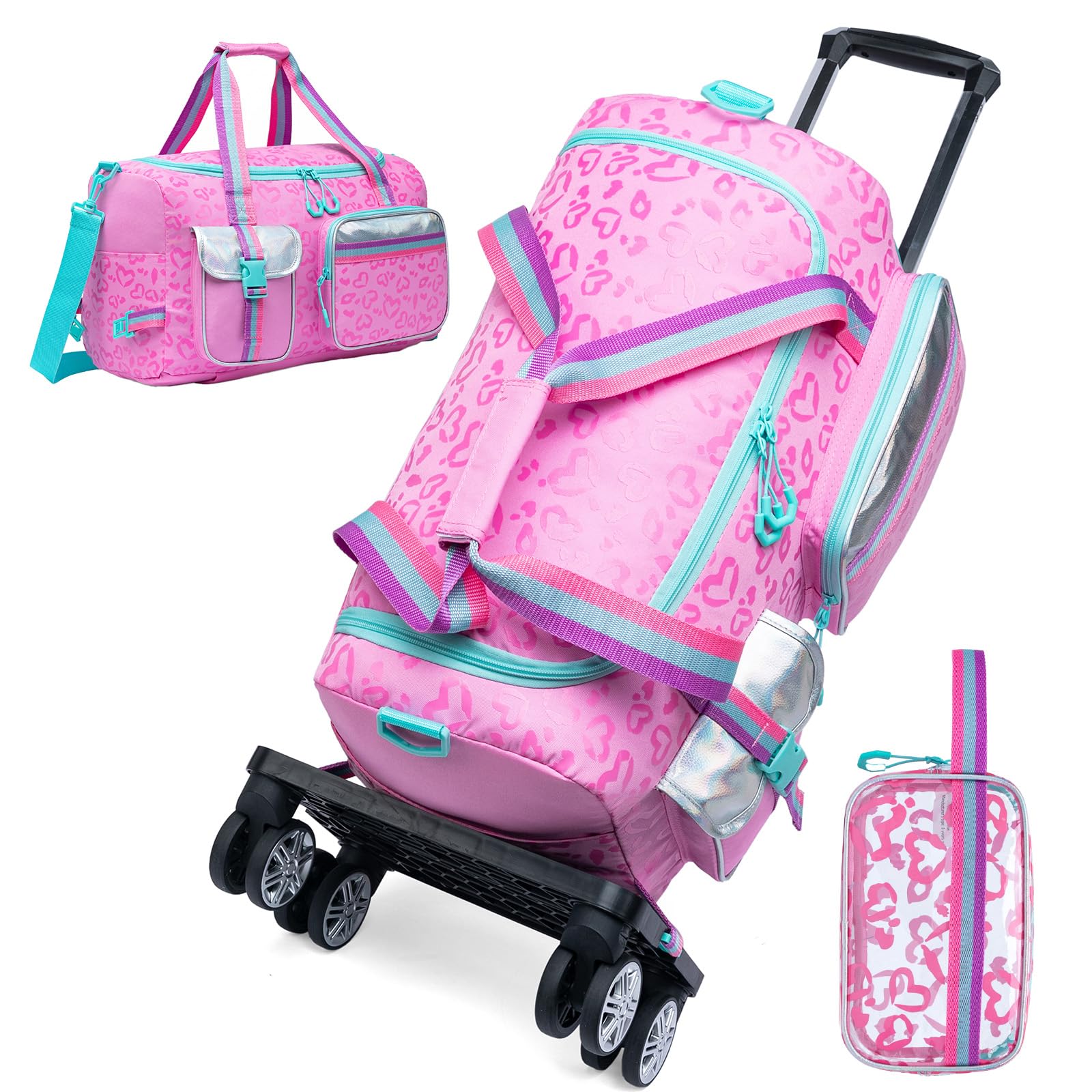 **Girls Rolling Duffel Bag with Wheels - Kids Travel Overnight Bag with Toiletry Pouch & Shoe Compartment - Perfect for Dance, Gym, Sleepovers & Weekend Trips**