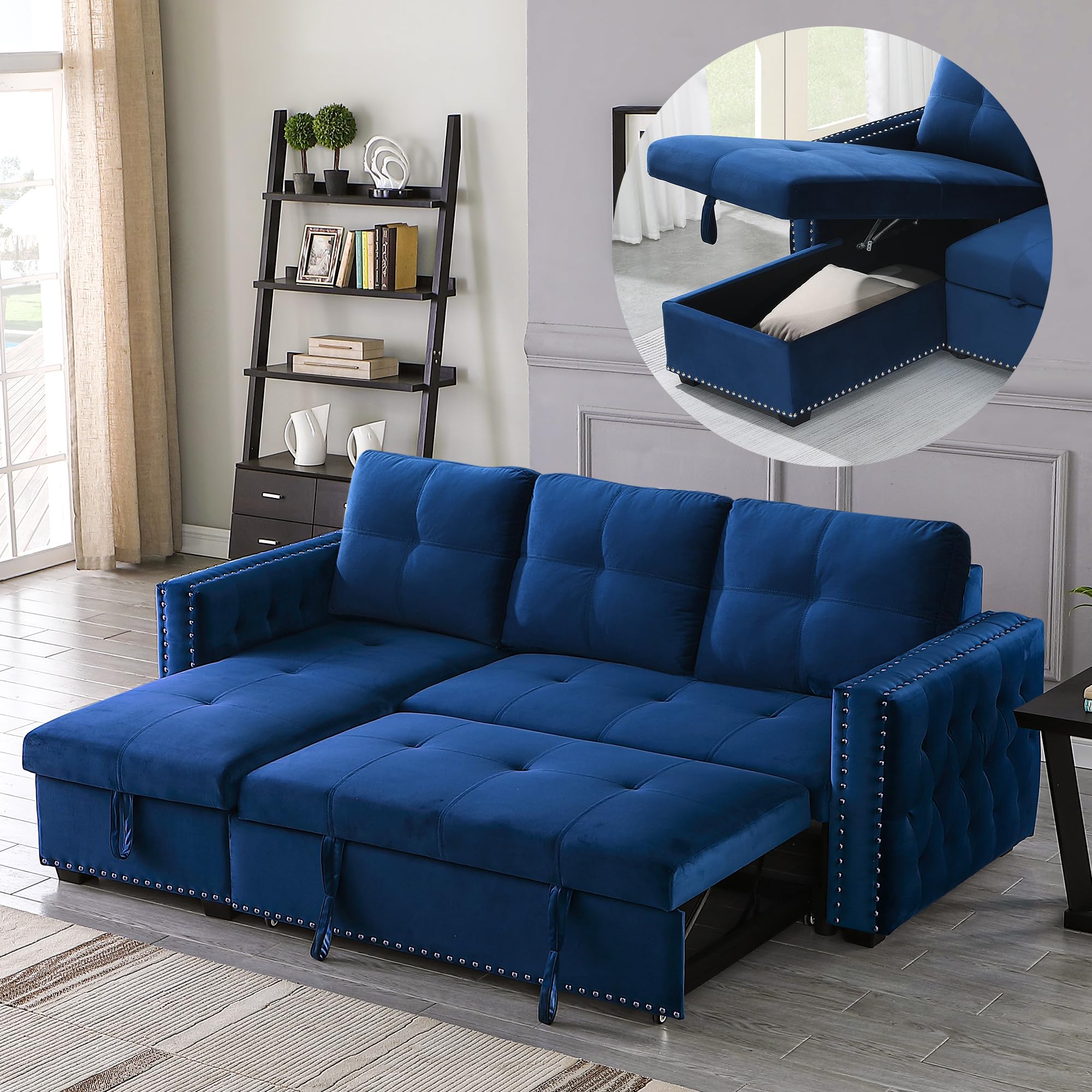 Modern L-Shape Sectional Sleeper Sofa with Pull-Out Bed & Storage - Queen Size 91