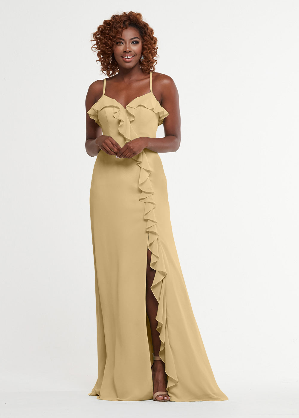 Elegant 80174 Chiffon A-Line Bridesmaid Dress with Ruffles & High Slit - Perfect for Weddings, Formal Events & Special Occasions